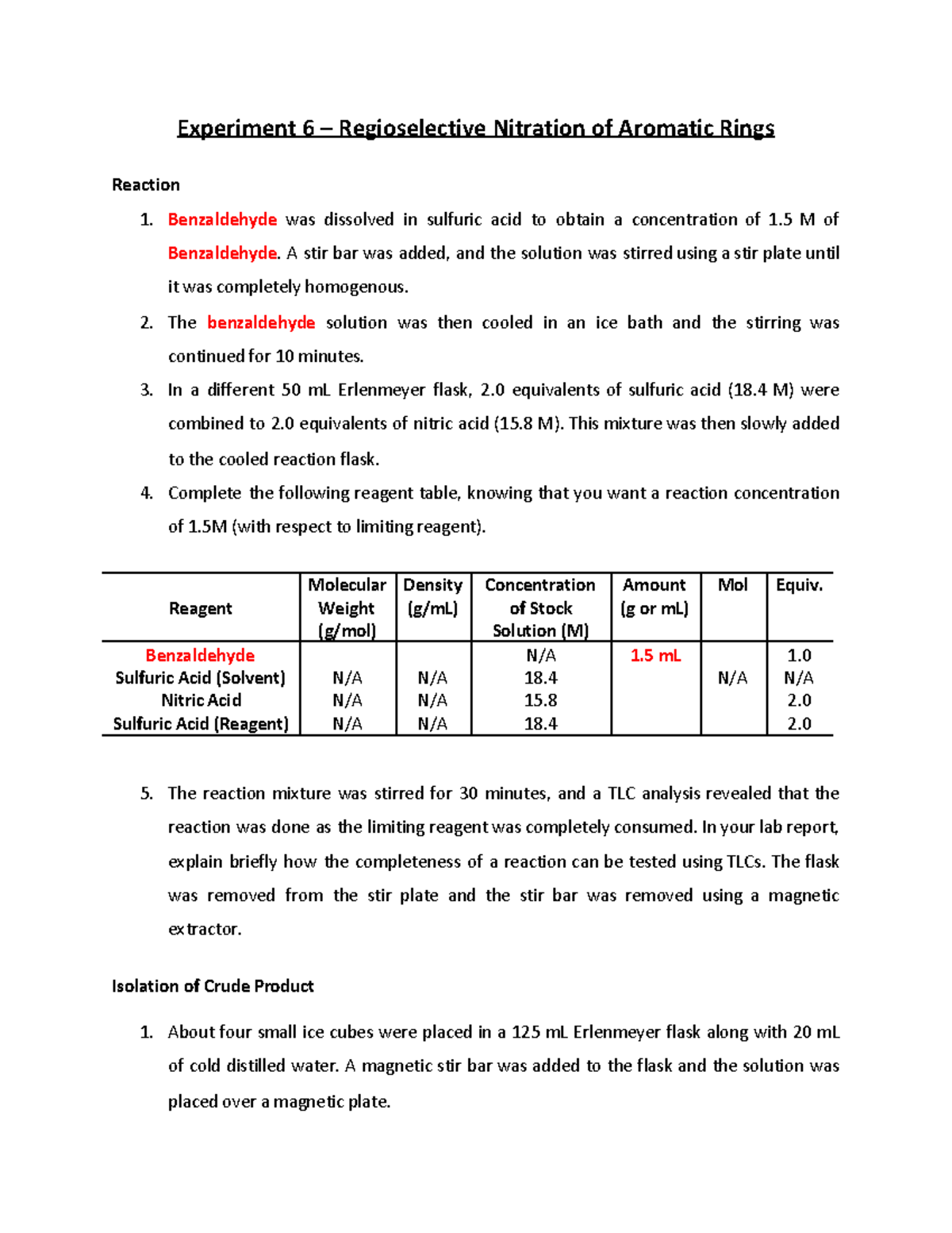 report form experiment 6 regioselective nitration of methyl benzoate