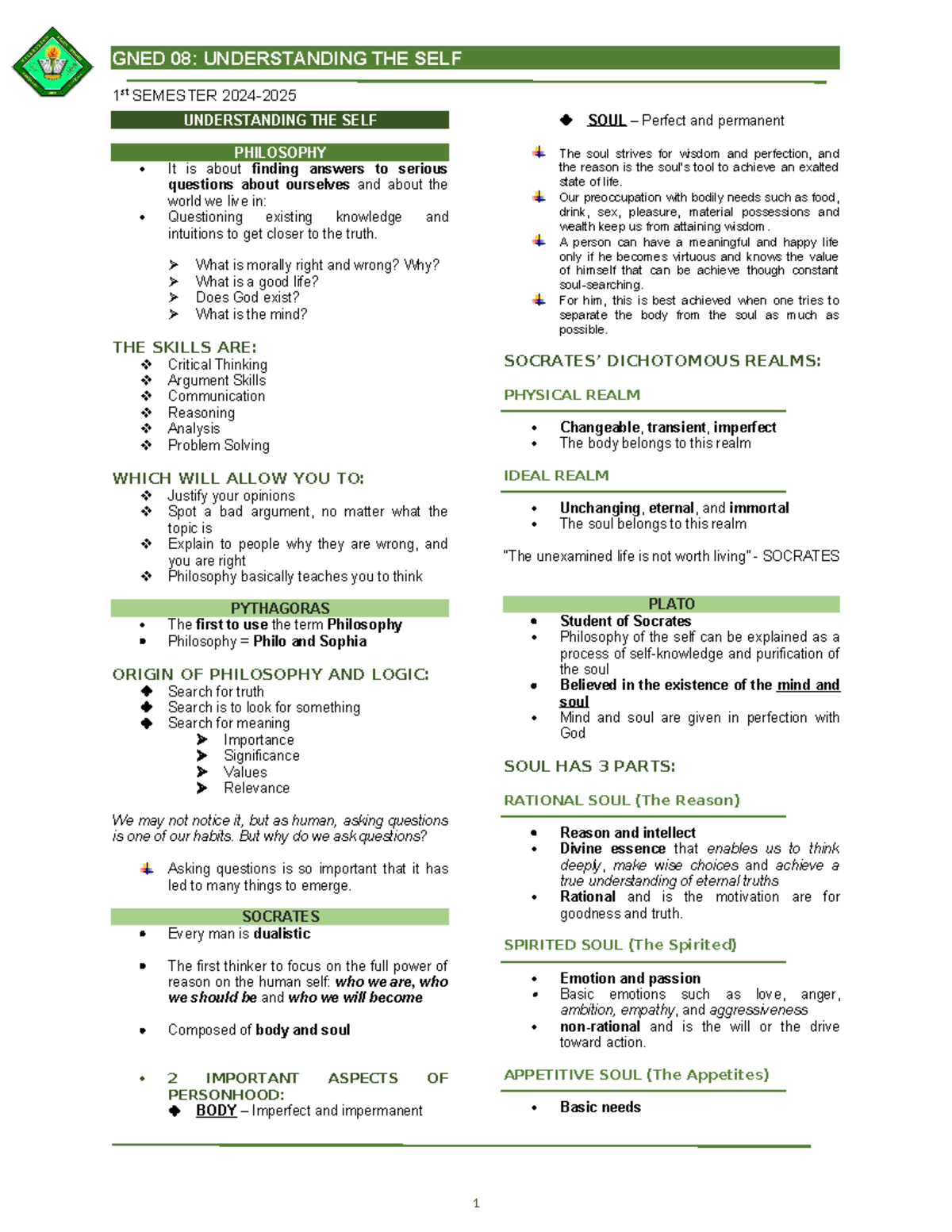 GNED 08 - Not completed - 1 st SEMESTER 2024- UNDERSTANDING THE SELF ...