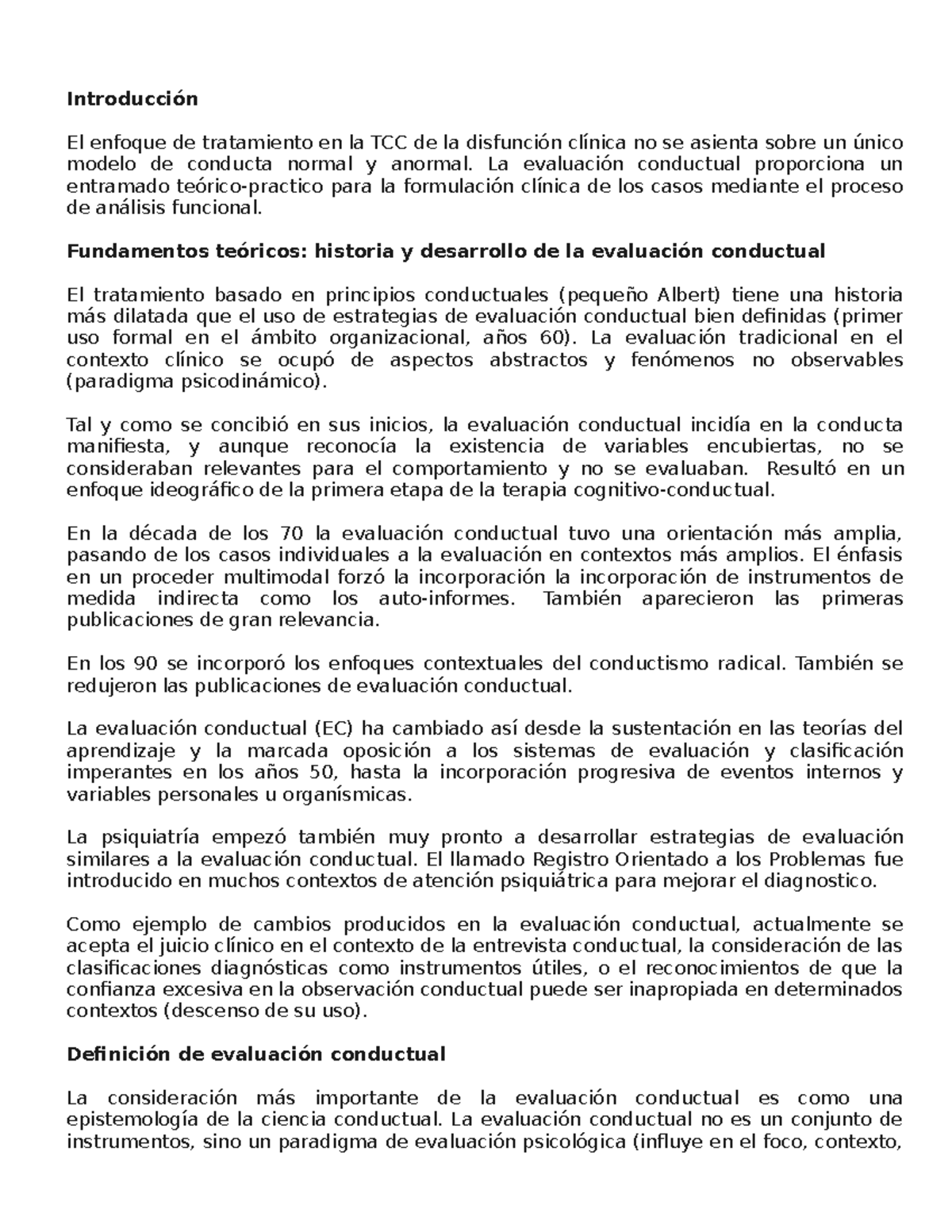 El proceso en Terapia de Conducta: la evaluación conductual - El enfoque de  tratamiento en la TCC de - Studocu