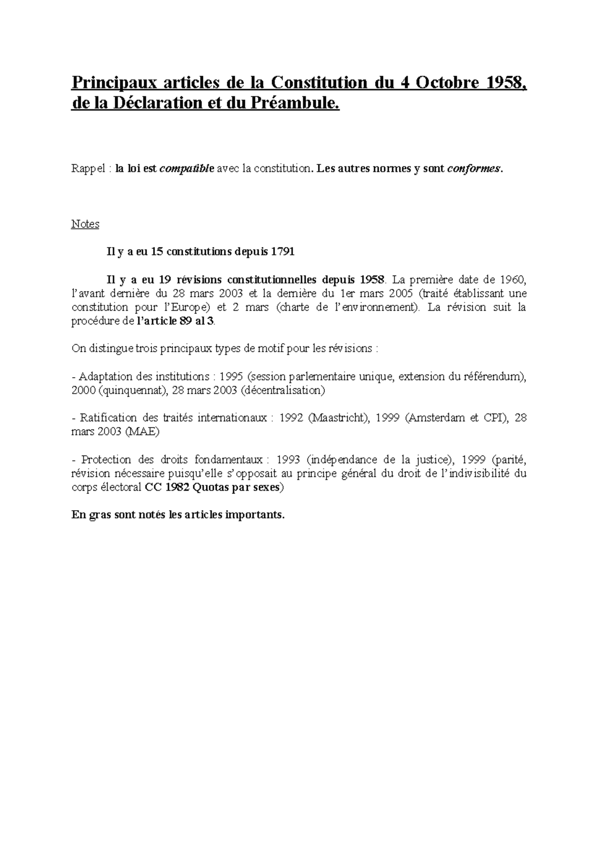Les principaux articles de la Constitution du 4 Octobre 1958 - Rappel ...