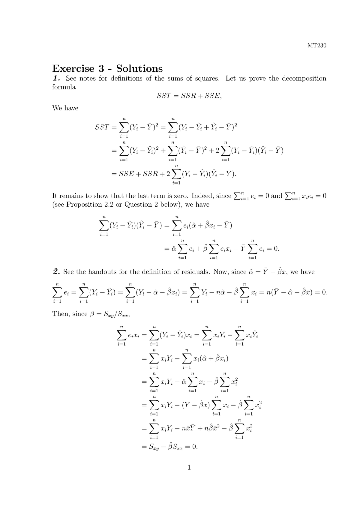 Sheet 3 Solution Mt Exercise 3 Solutions 1 See Notes For Definitions Of The Sums Of Squares 0383