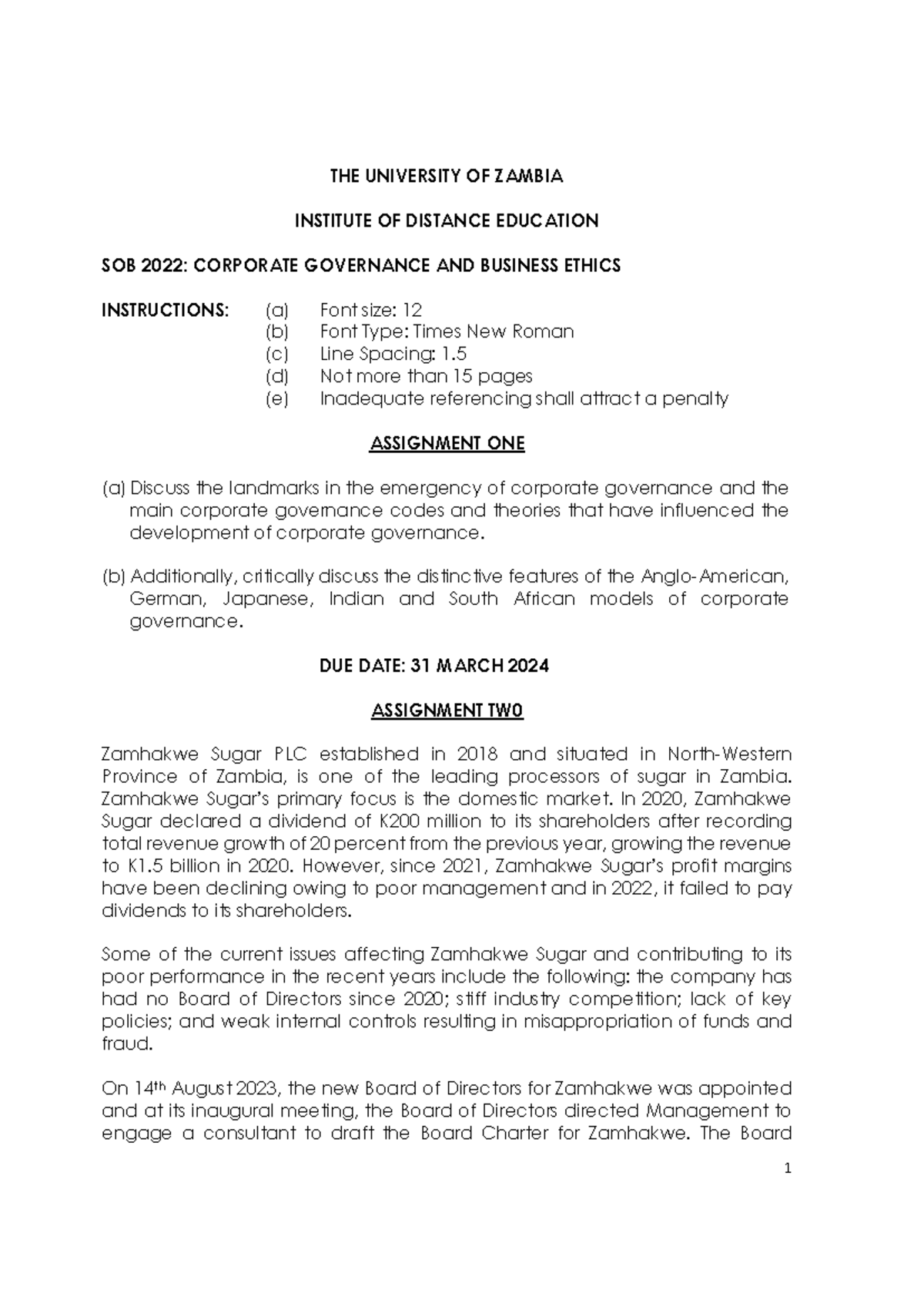SOB 2022 Assignments (2024) - 1 THE UNIVERSITY OF ZAMBIA INSTITUTE OF ...