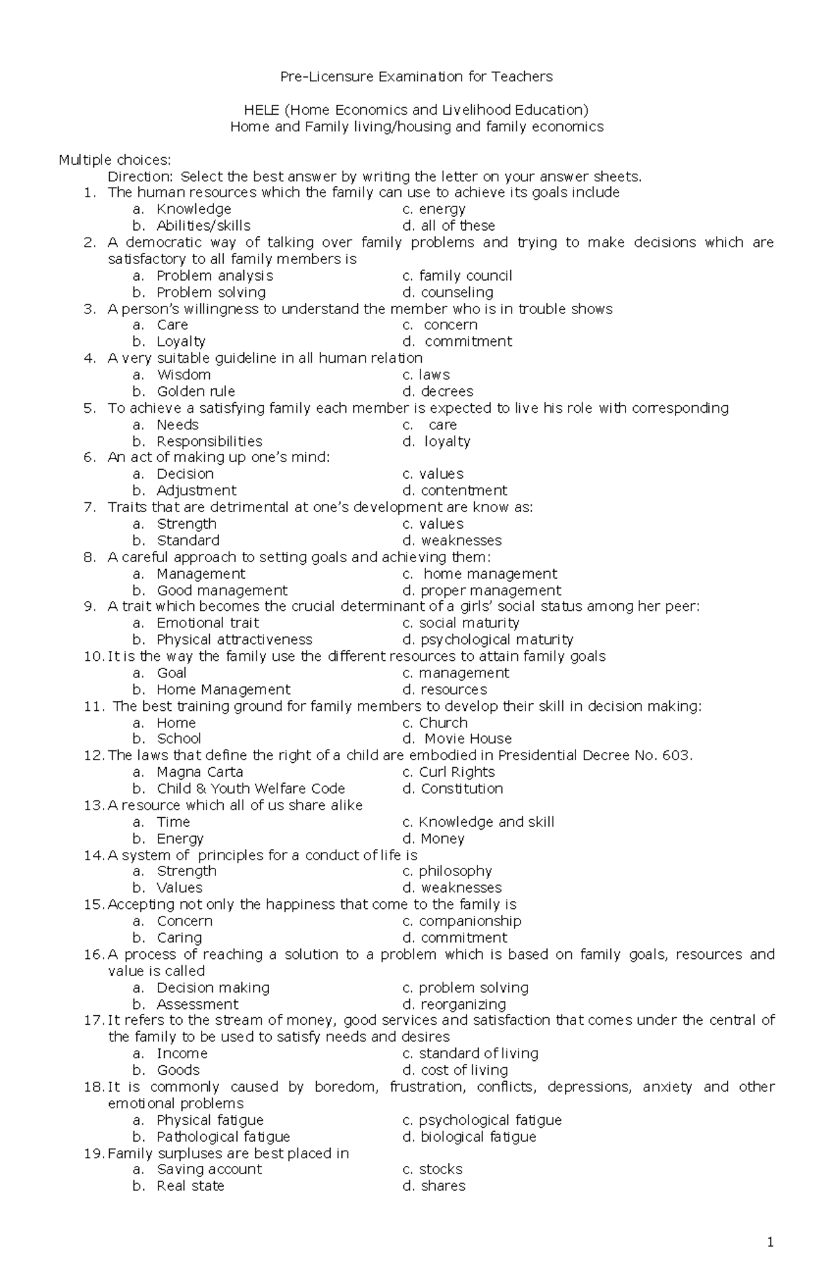 Tle Drılls Wıth Answer Key - 1 Pre-Licensure Examination for Teachers ...