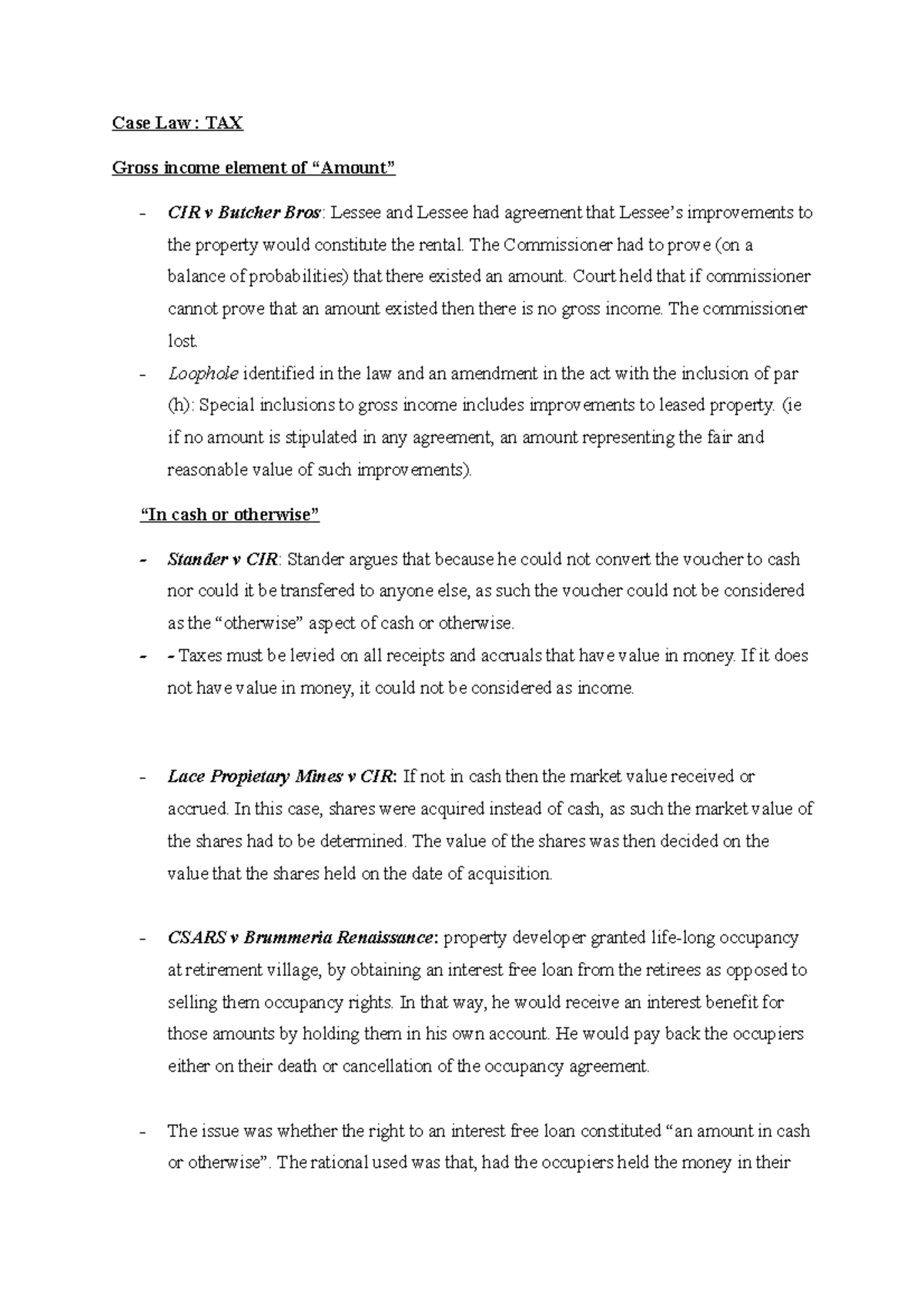 Unit 1 and 2 Case Law summaries Case Law TAX Gross element