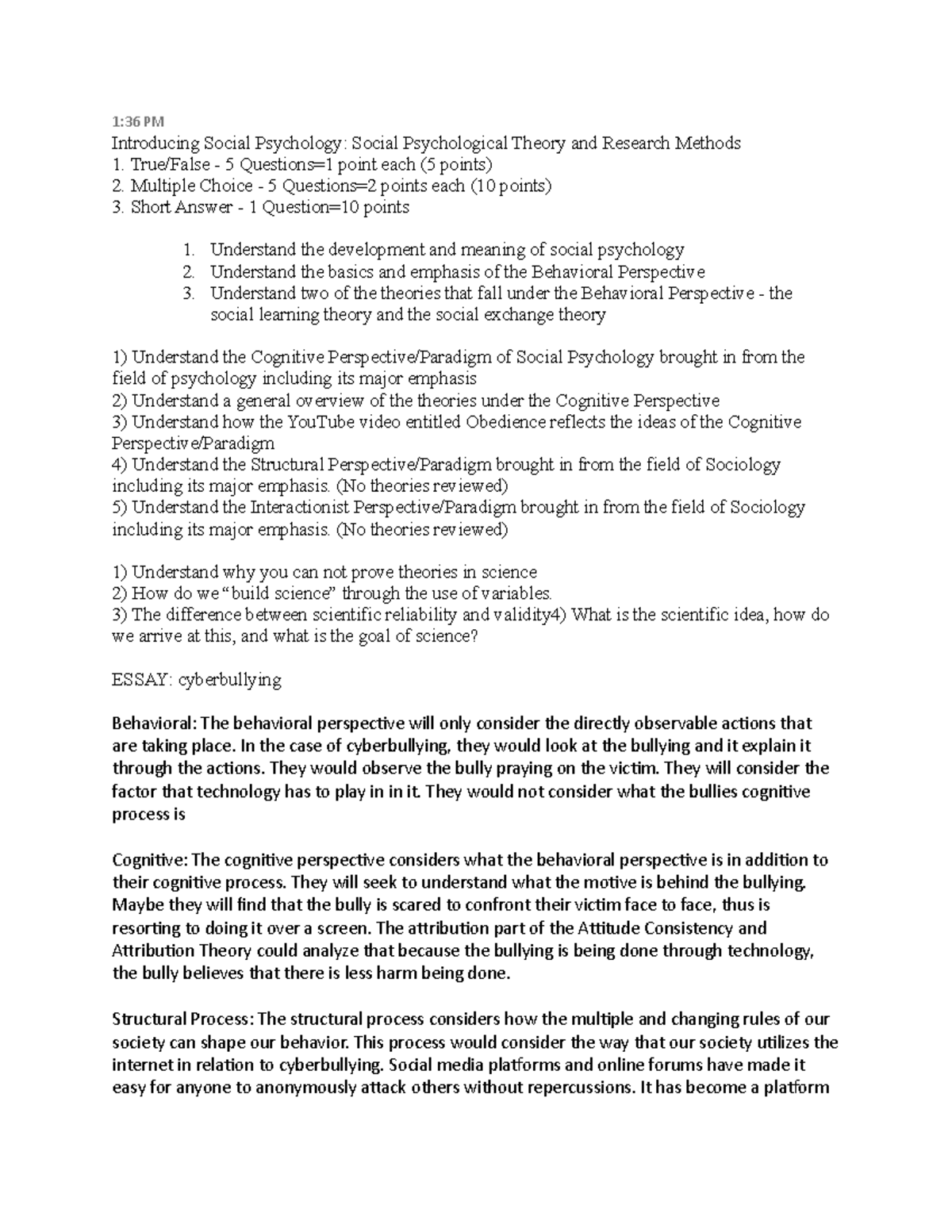 Exam 1 - Exam 1 lecture notes - 1:36 PM Introducing Social Psychology ...