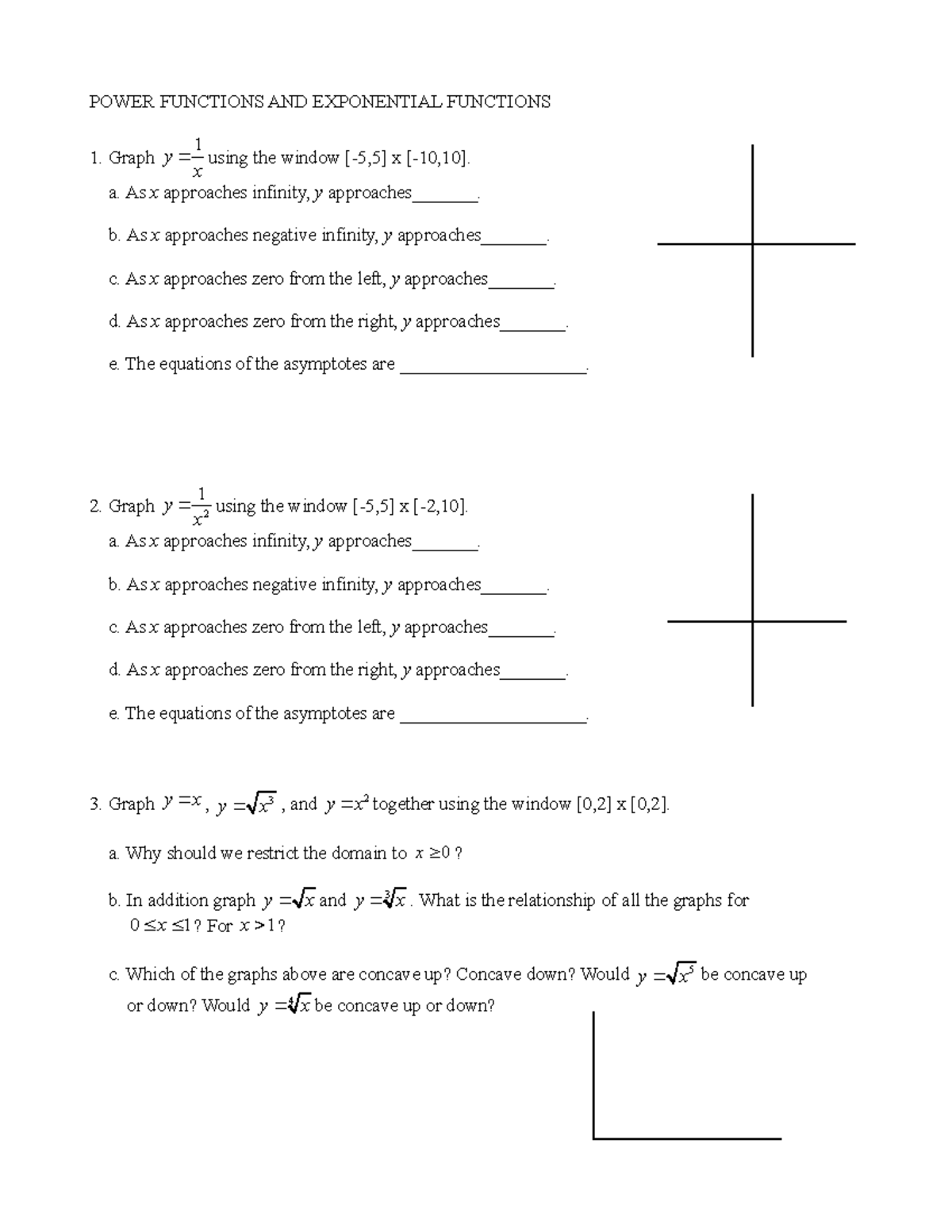 Power Worksheet - POWER FUNCTIONS AND EXPONENTIAL FUNCTIONS Graph y 1 ...