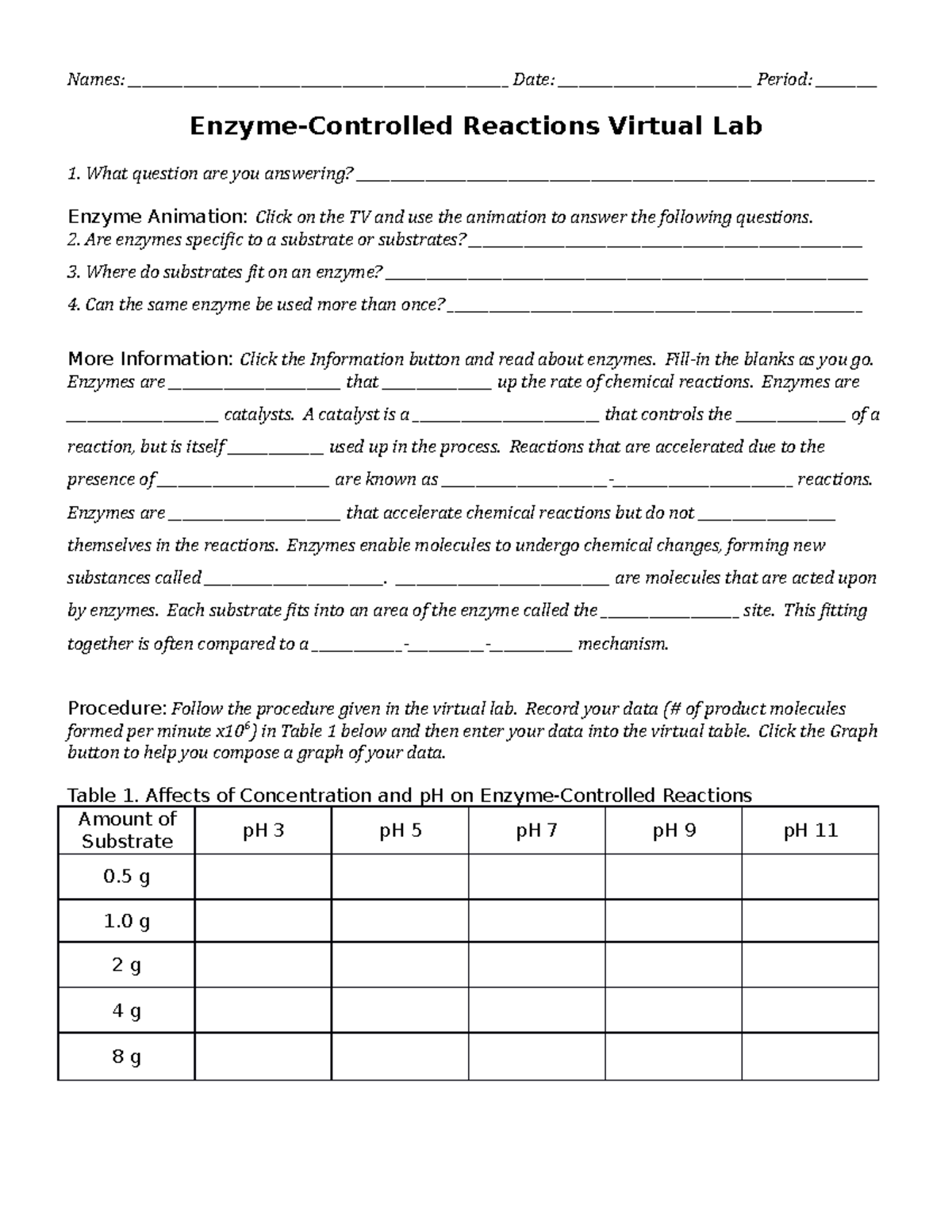 Enzyme Controlled Reactions Virtual Lab Names Studocu