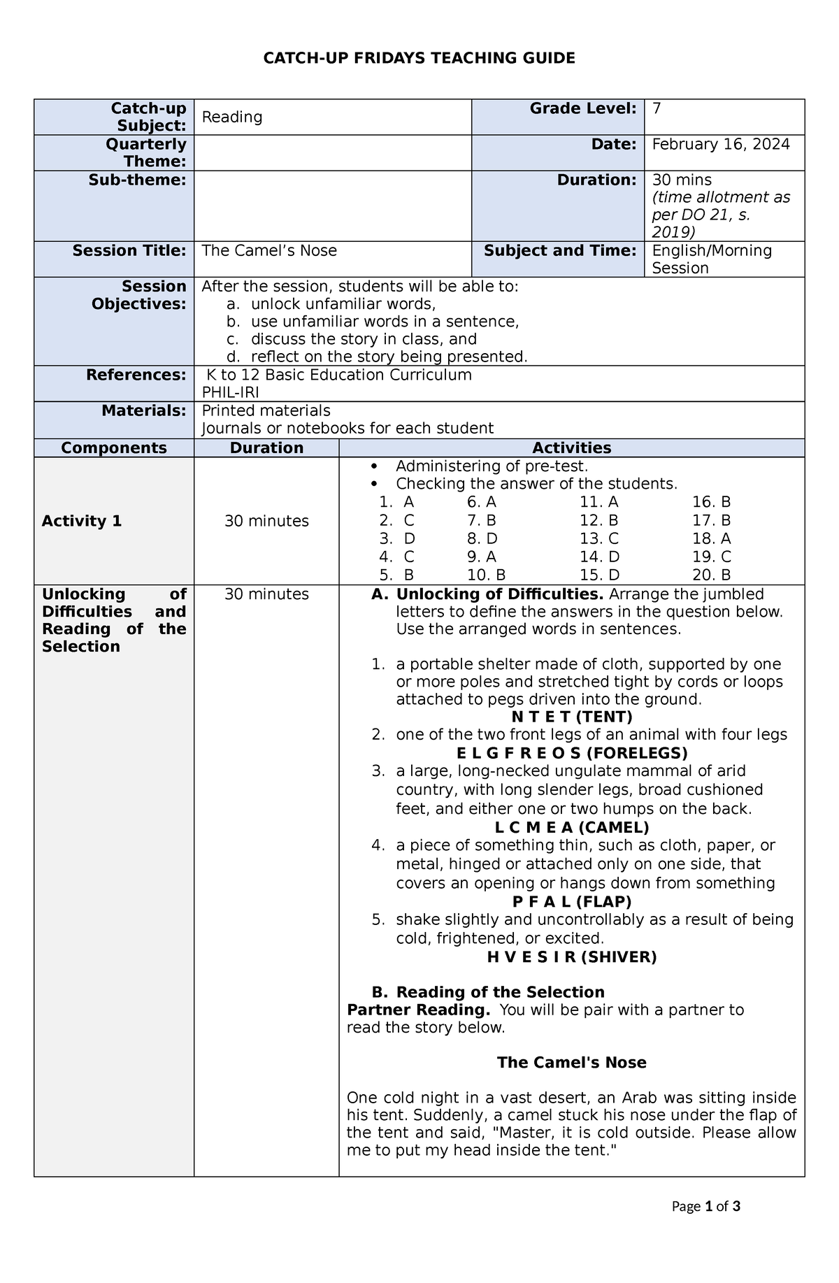 TC- English - CATCH-UP FRIDAYS TEACHING GUIDE Catch-up Subject: Reading ...