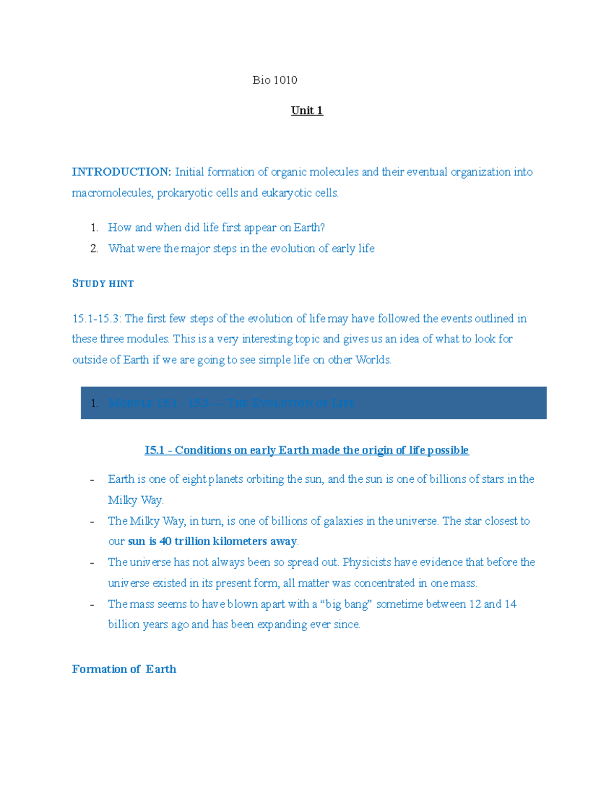 Bio 1010 - Class Notes - Bio 1010 Unit 1 INTRODUCTION: Initial ...