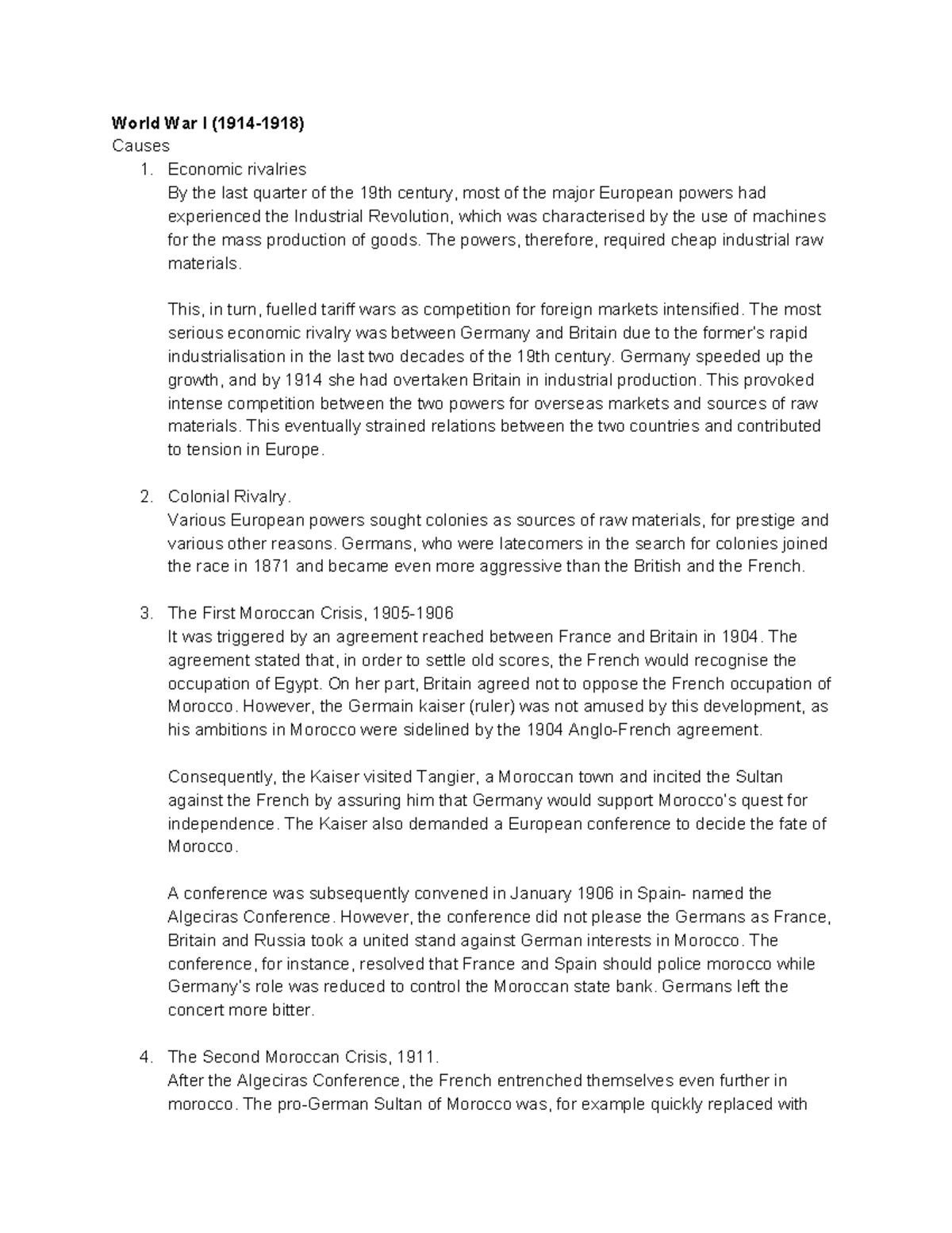 World War I (1914-1918) - World War I (1914-1918) Causes 1. Economic ...