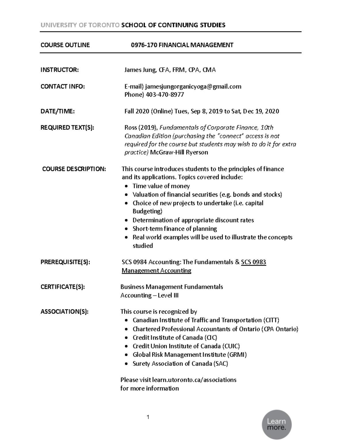 Financial Management 0976170 Course Outline Online Fall 2020 COURSE