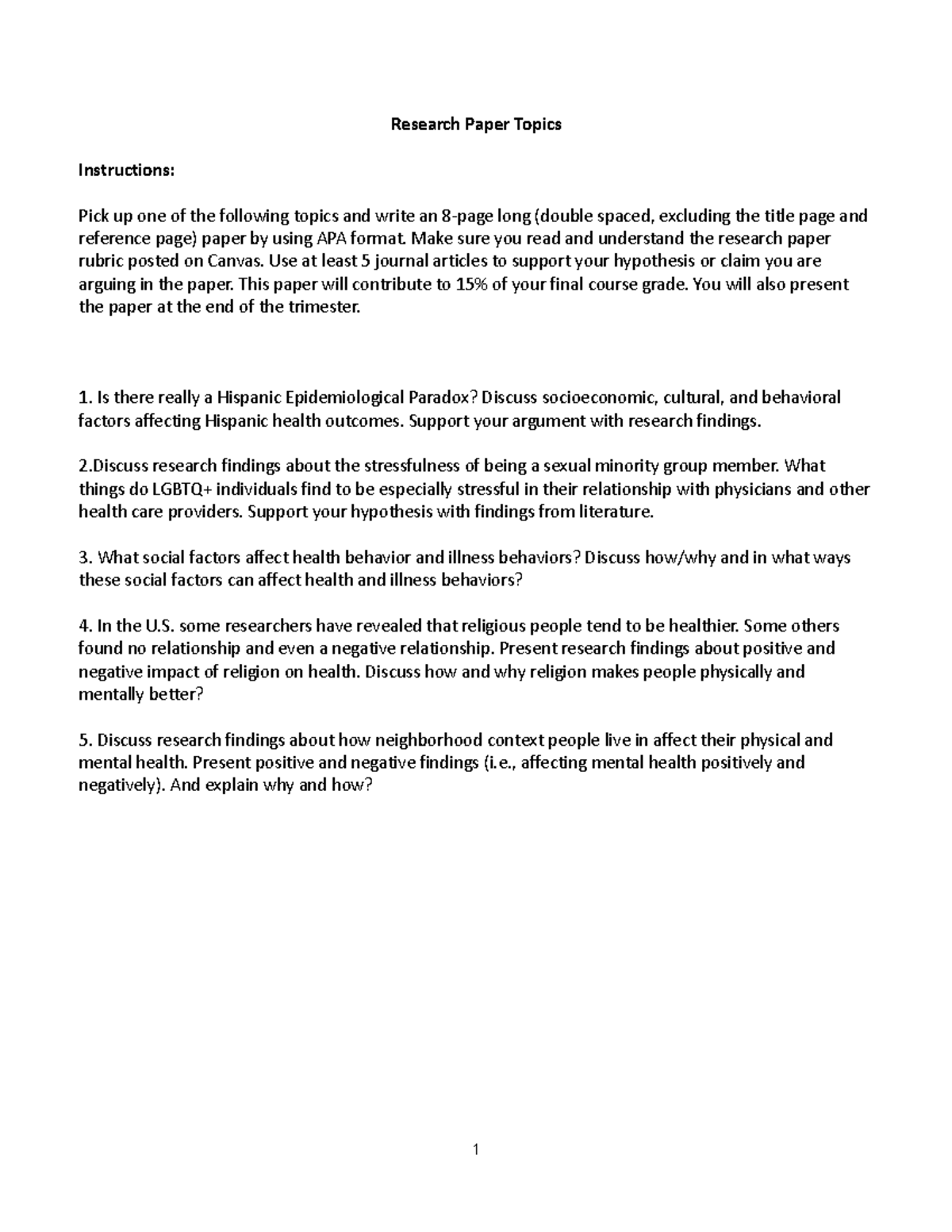Research Paper Topics - Assignment - English writing - Studocu