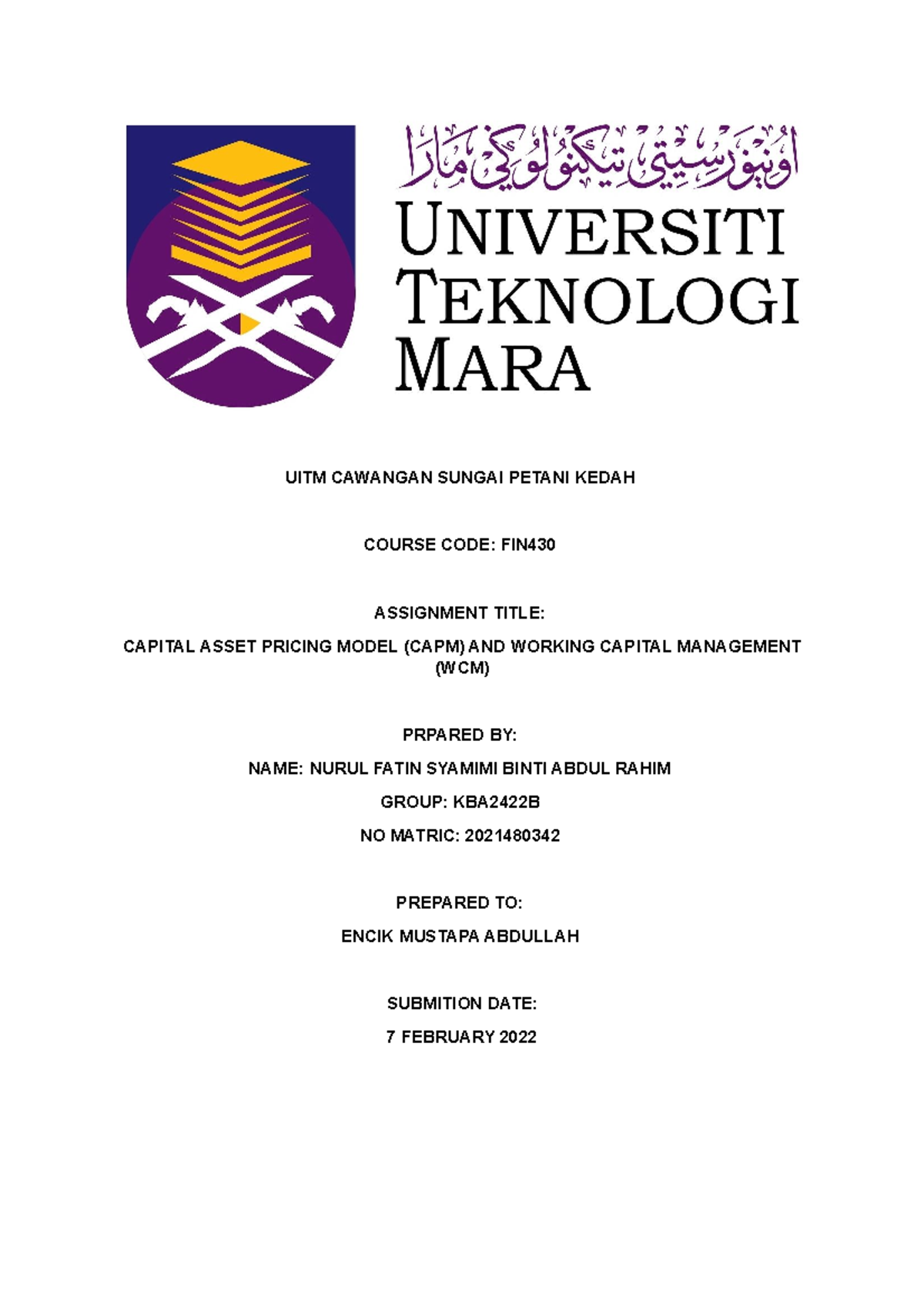 FIN430 Individual Assignment - UITM CAWANGAN SUNGAI PETANI KEDAH COURSE ...