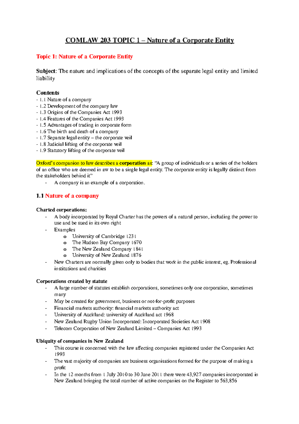Comlaw 203 Topic ONE Notes - COMLAW 203 TOPIC 1 – Nature of a Corporate ...