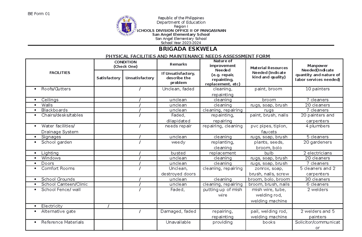 BE Form 1 Physical Facilities AND Maintenance Needs Assessment FORM ...