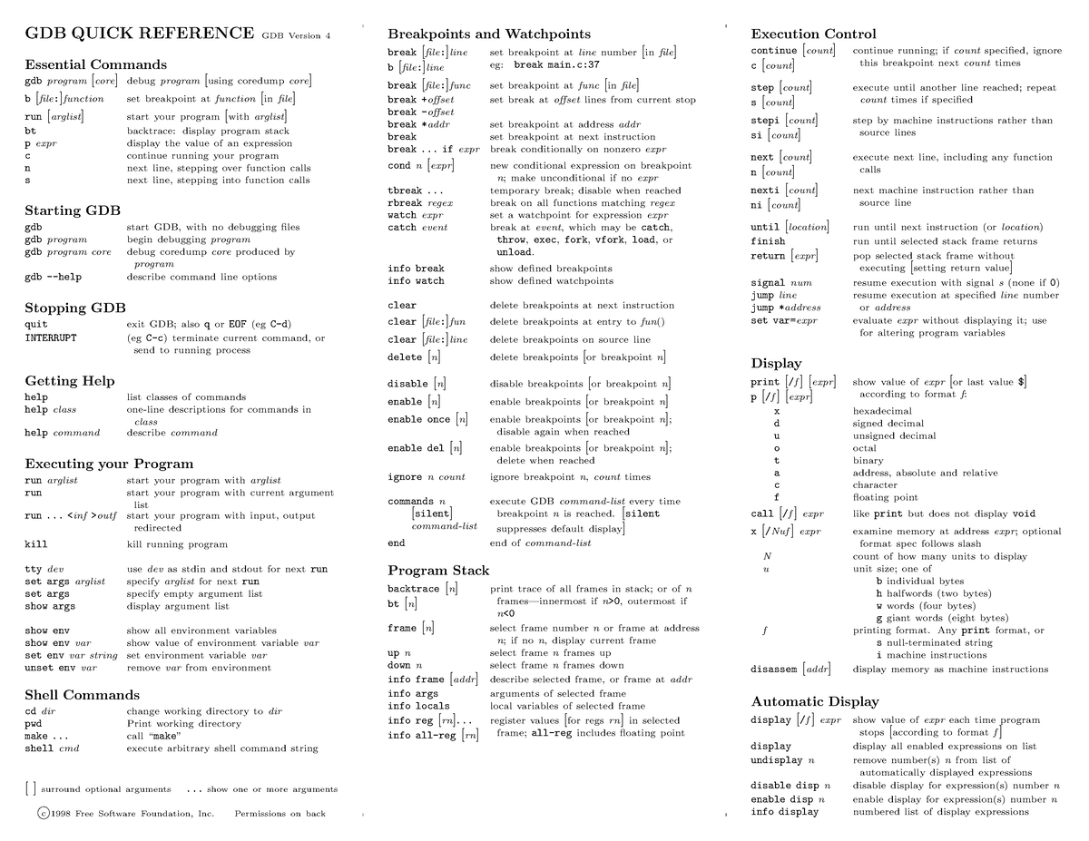 Gdb-refcard - cheat commands in GDB - GDB QUICK REFERENCE GDB Version 4 ...