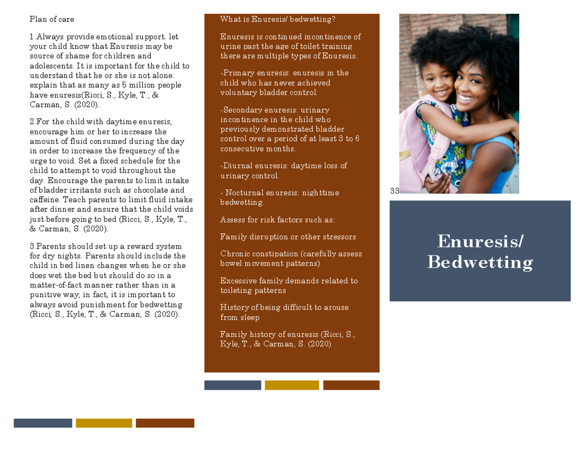 Bedwetting enuresis Plan of care 1 provide emotional support. let