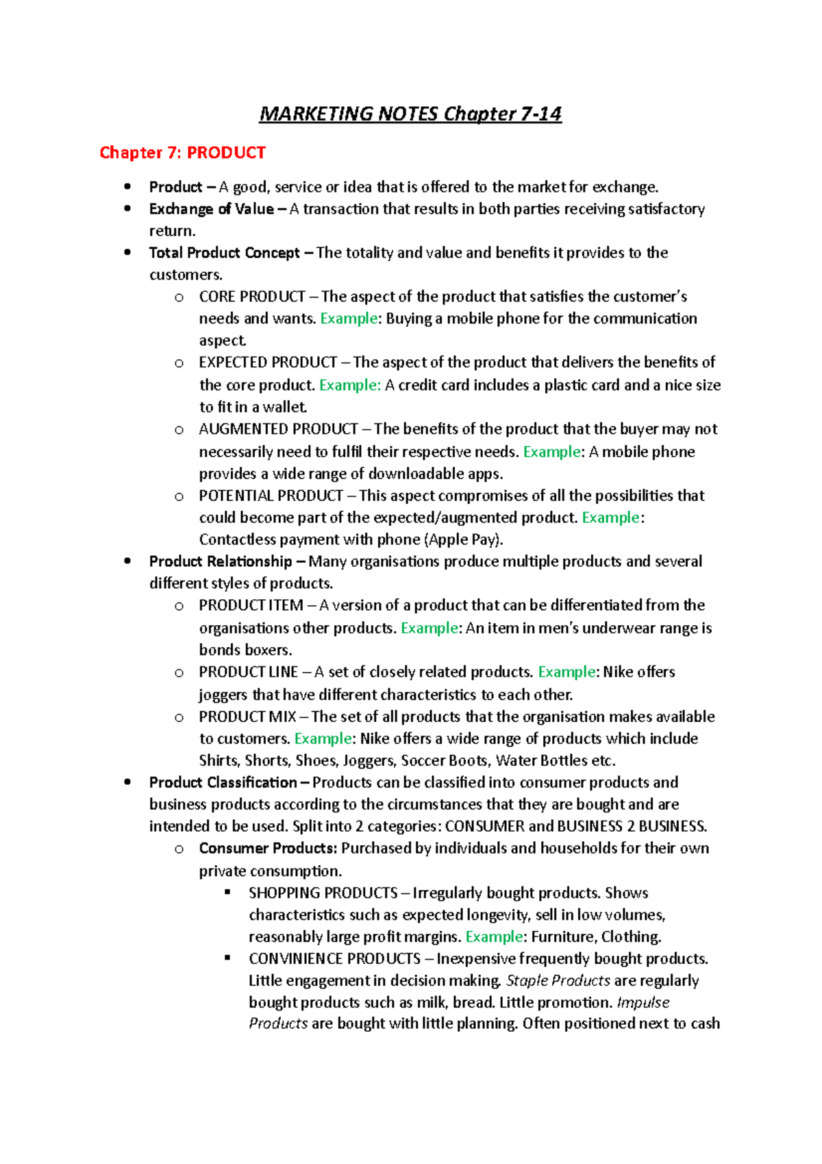 Final EXAM Notes - MARKETING NOTES Chapter 7- Chapter 7: PRODUCT ...