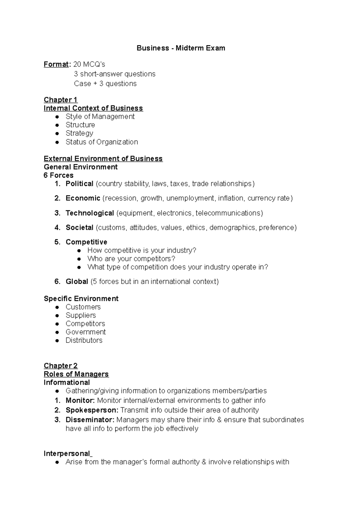 Business - Midterm Exam - Business - Midterm Exam Format: 20 MCQ’s 3 ...