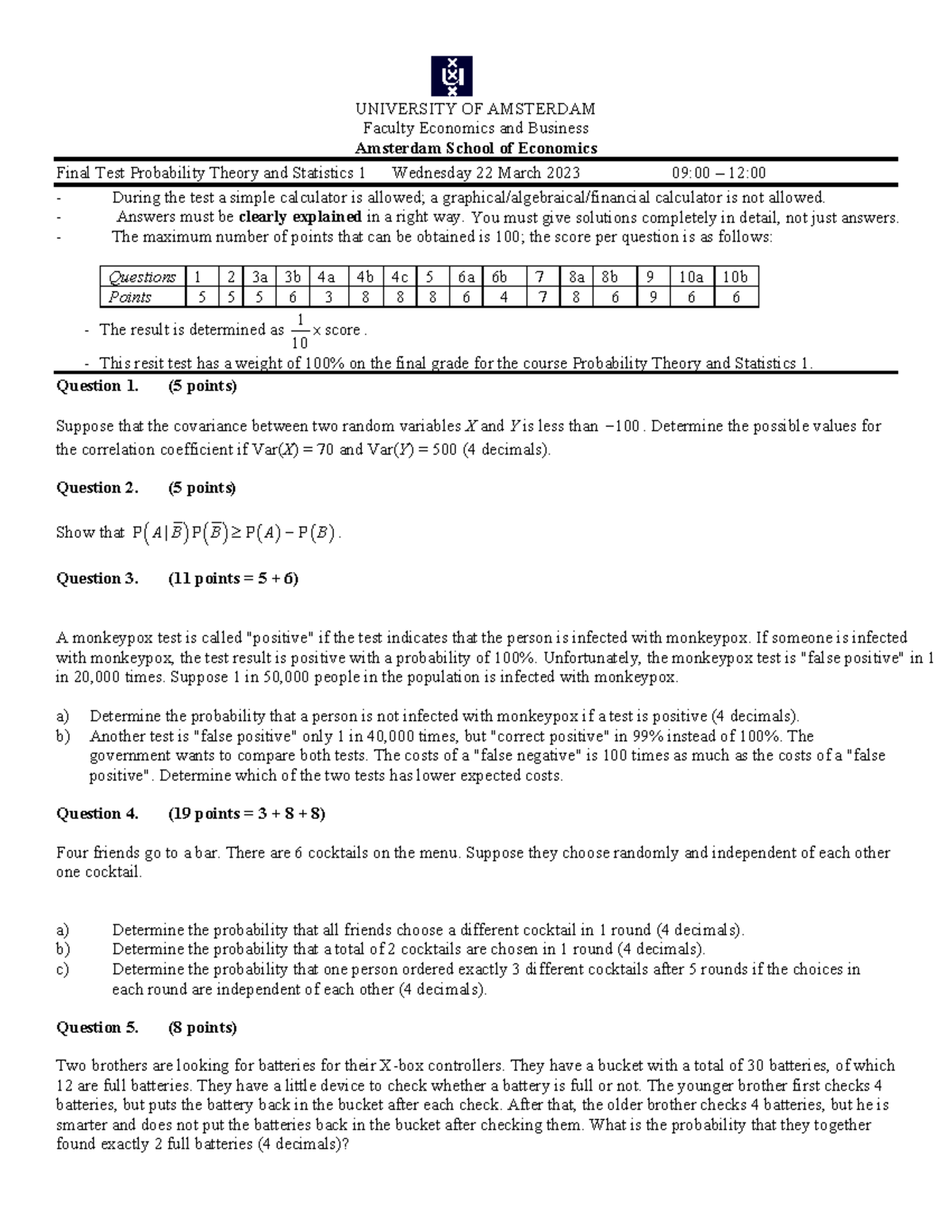 20230322 Resit Probability and Statistics 1 UNIVERSITY OF AMSTERDAM