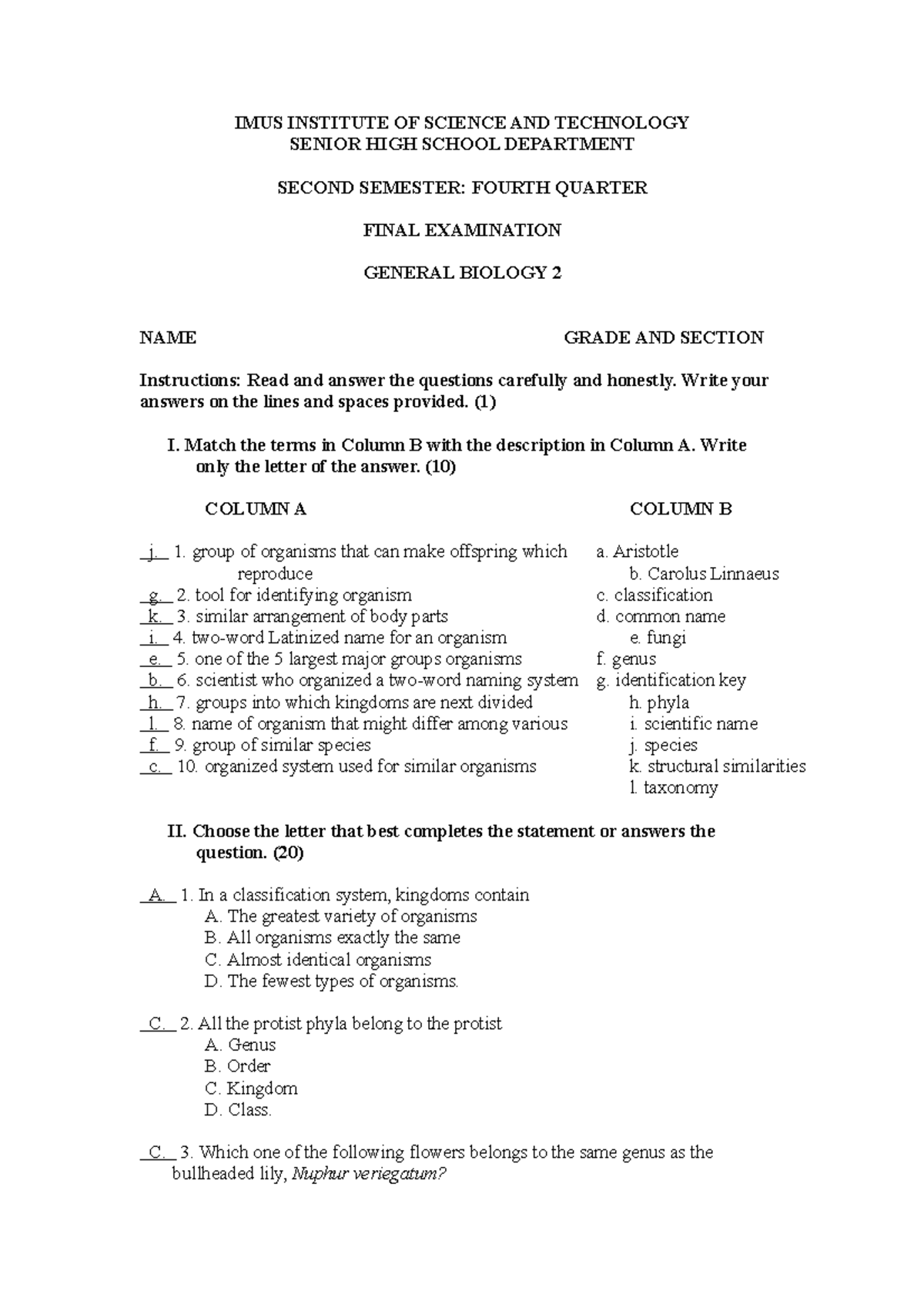 2021-2022 Final EXAM General Biology 2 - IMUS INSTITUTE OF SCIENCE AND ...