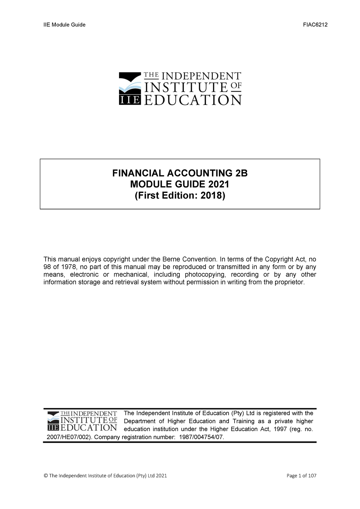 Workbook FIAC2B - FINANCIAL ACCOUNTING 2B MODULE GUIDE 2021 (First Edition: 2018 ) This Manual ...