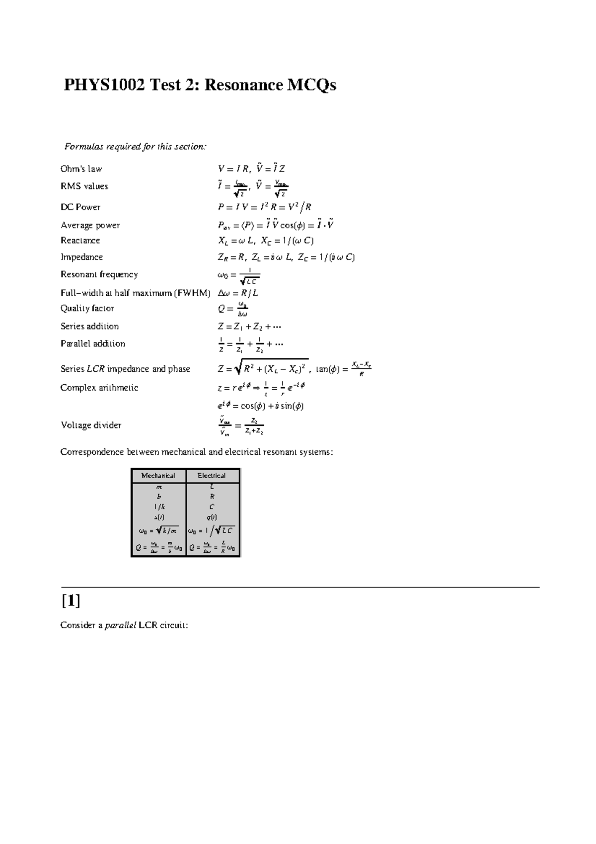 Exam 19 October 12 Questions And Answers Test 2 Phys1002 Test Resonance Mcqs Formulas Required For This Section Ohm Law Rms Values Imax Vmax Dc Power Studocu Exam 19 October 12 Questions And Answers Test 2 Phys1002 Test Resonance Mcqs Formulas Required For This Section Ohm Law Rms Values Imax Vmax Dc Power Studocu