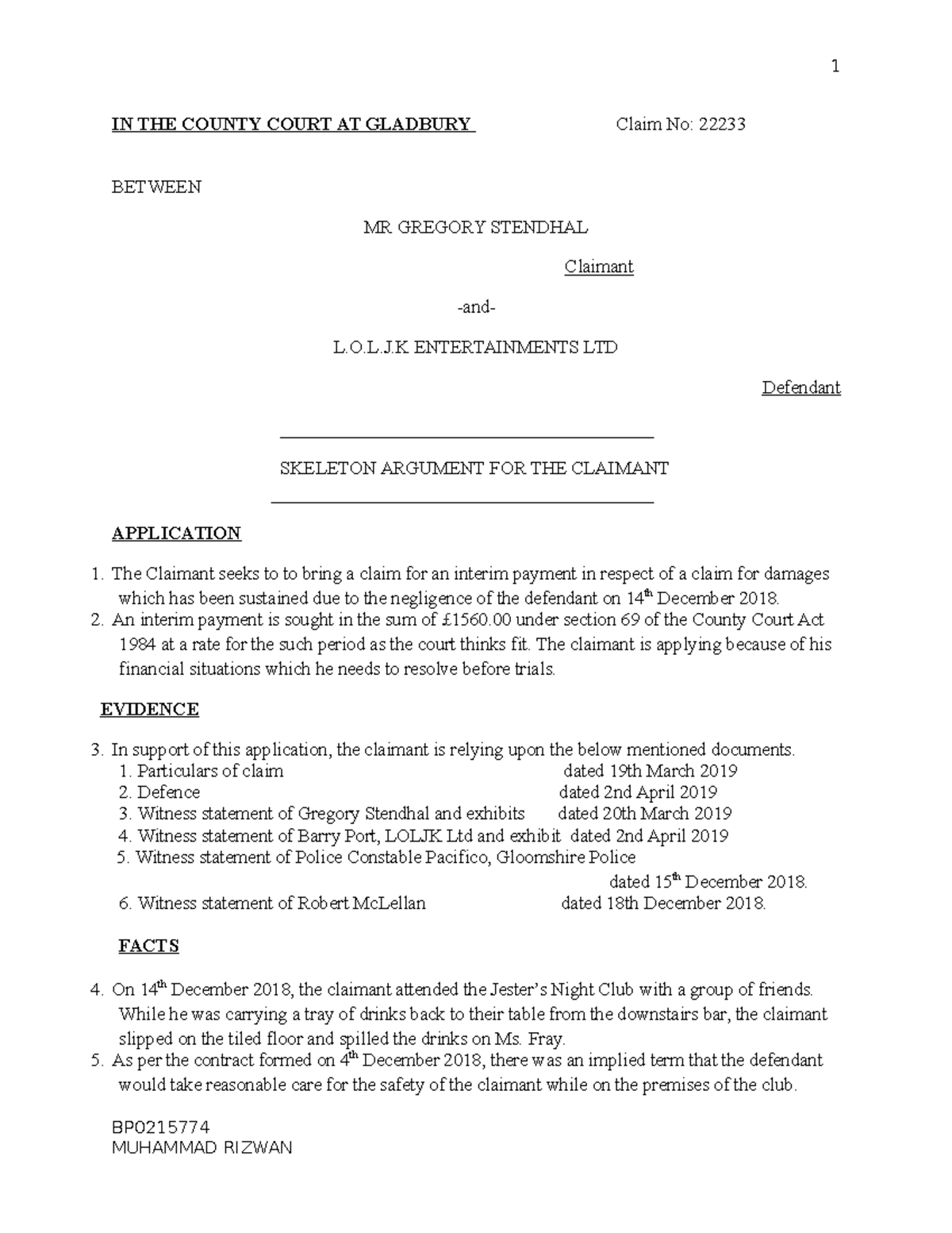 BP02 Muhammad Ahmad - IN THE COUNTY COURT AT GLADBURY Claim No: 22233 ...