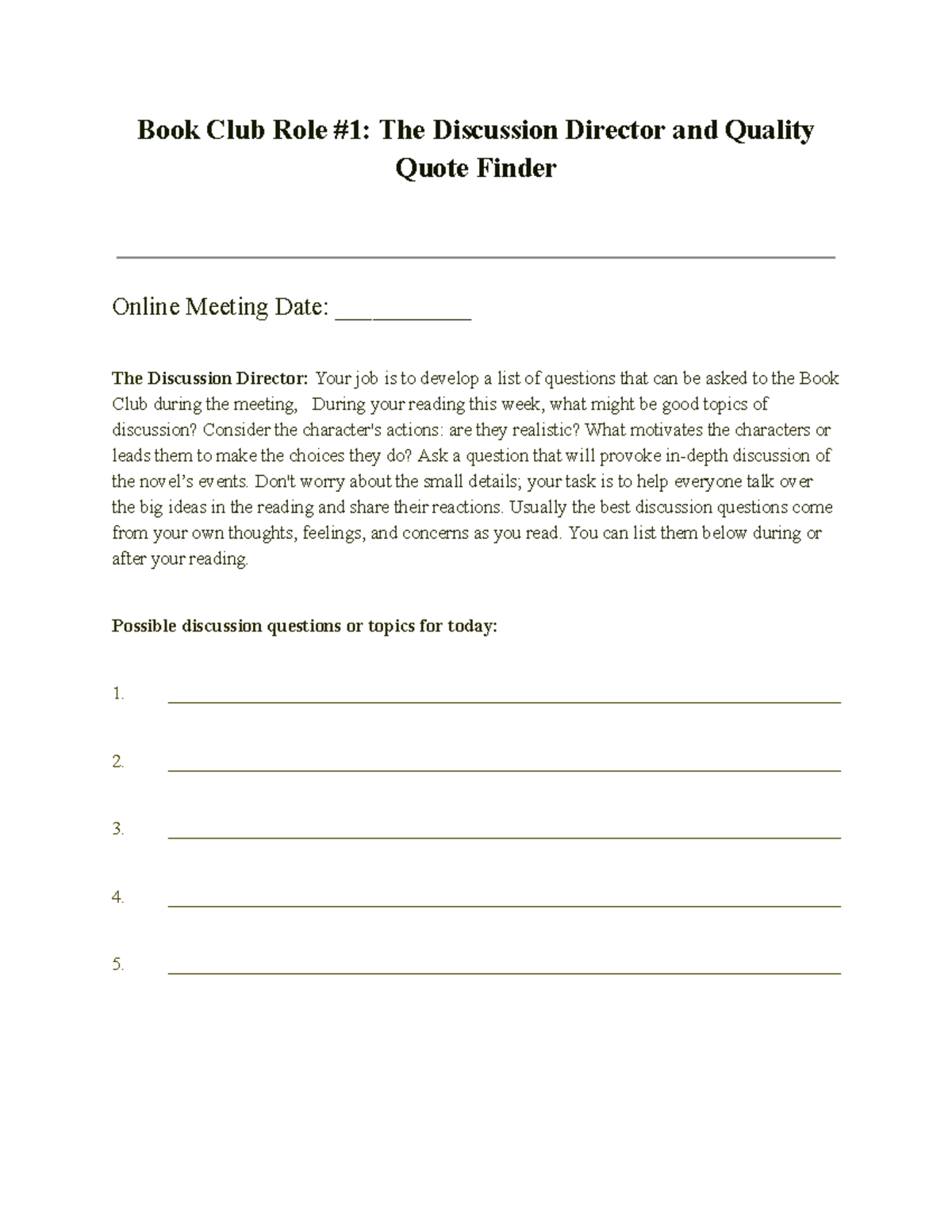 Book Club Role 1 The Discussion Director and Quality Quote Finder