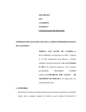 351740920 Contestacion de Demanda Divorcio Por Causal docx - EXP: 004- SEC:  CUADERNO: ESCRITO Nº - Studocu