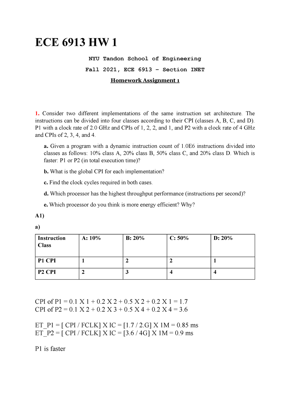 Assignment1-Computing Systems Architecture - ECE 6913 HW 1 NYU Tandon ...