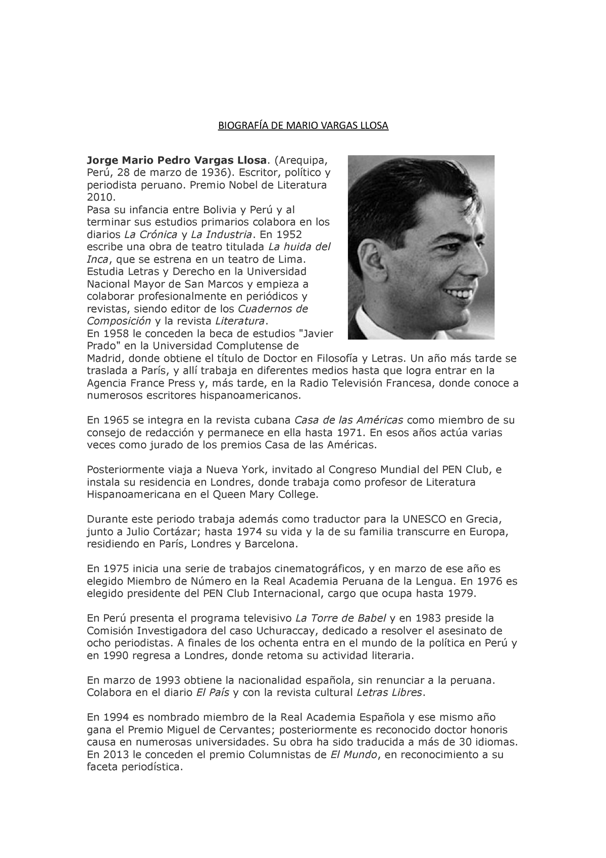 Biografia De Mario Vargas Llosa Biograf A De Mario Vargas Llosa Jorge Mario Pedro Vargas Llosa