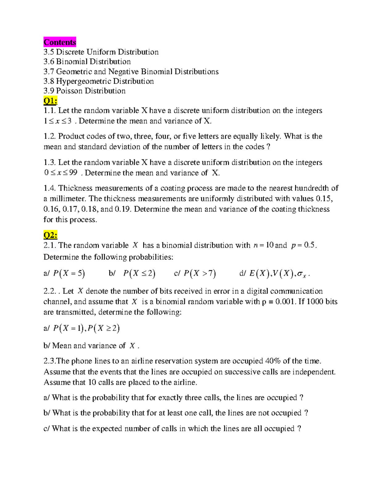 Review Chapter 3 (Part 1) - Contents 3 Discrete Uniform Distribution 3 ...