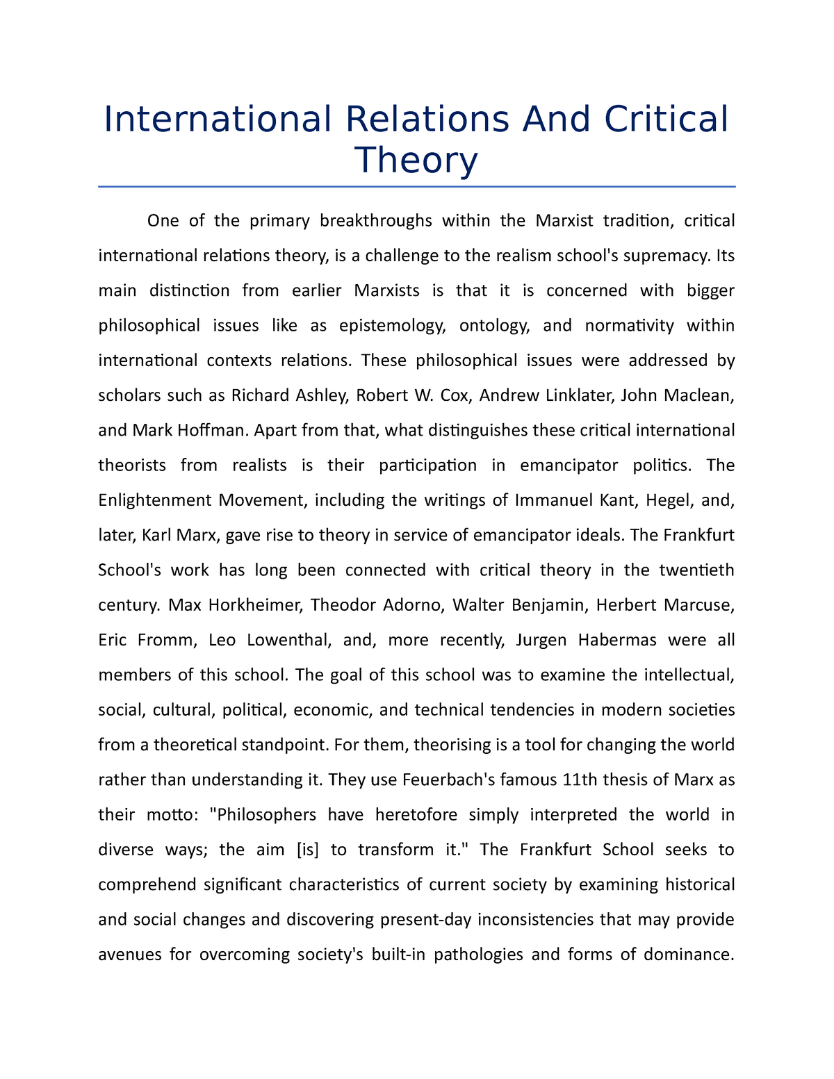 International Relations And Critical Theory - Its Main Distinction From ...