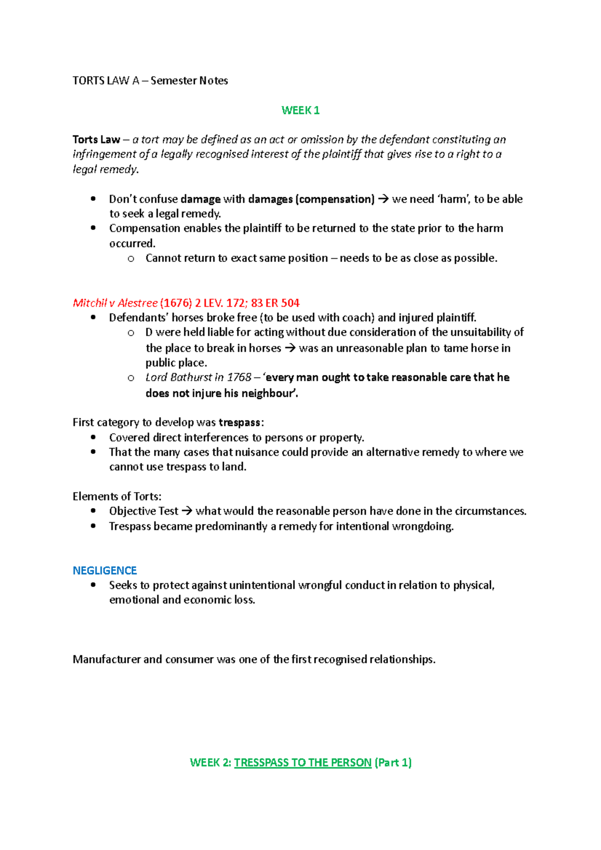 Torts Semester Notes Torts Law A Semester Notes Week 1 Torts Law A Tort May Be Defined As Torts Semester Notes Torts Law A Semester Notes Week 1 Torts Law A Tort May Be Defined As