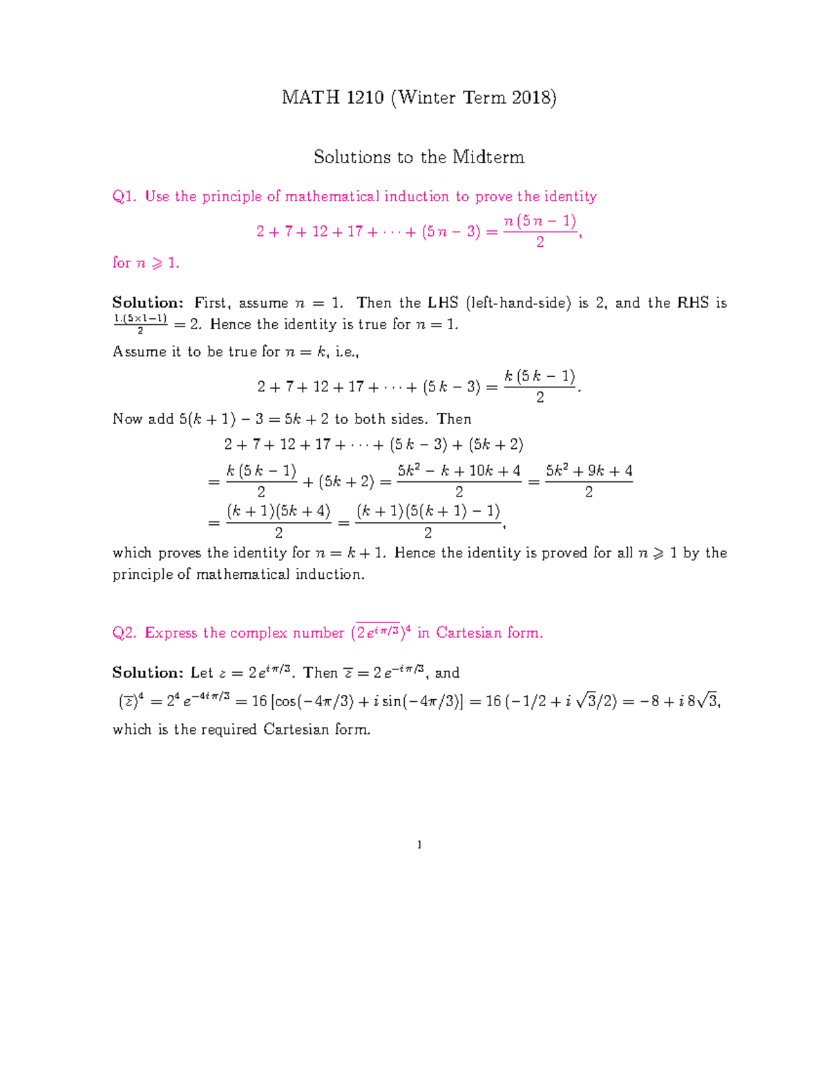 W18test1Sols - MATH 1210 (Winter Term 2018) Solutions to the Midterm Q1 ...