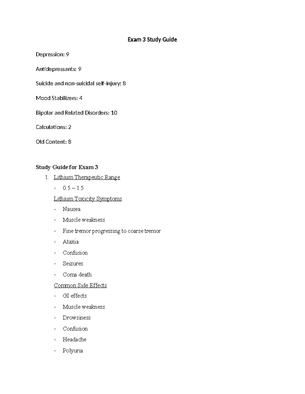 Exam # 3 Breakdown Mental Health - Exam 3 Study Guide Depression: 9 ...