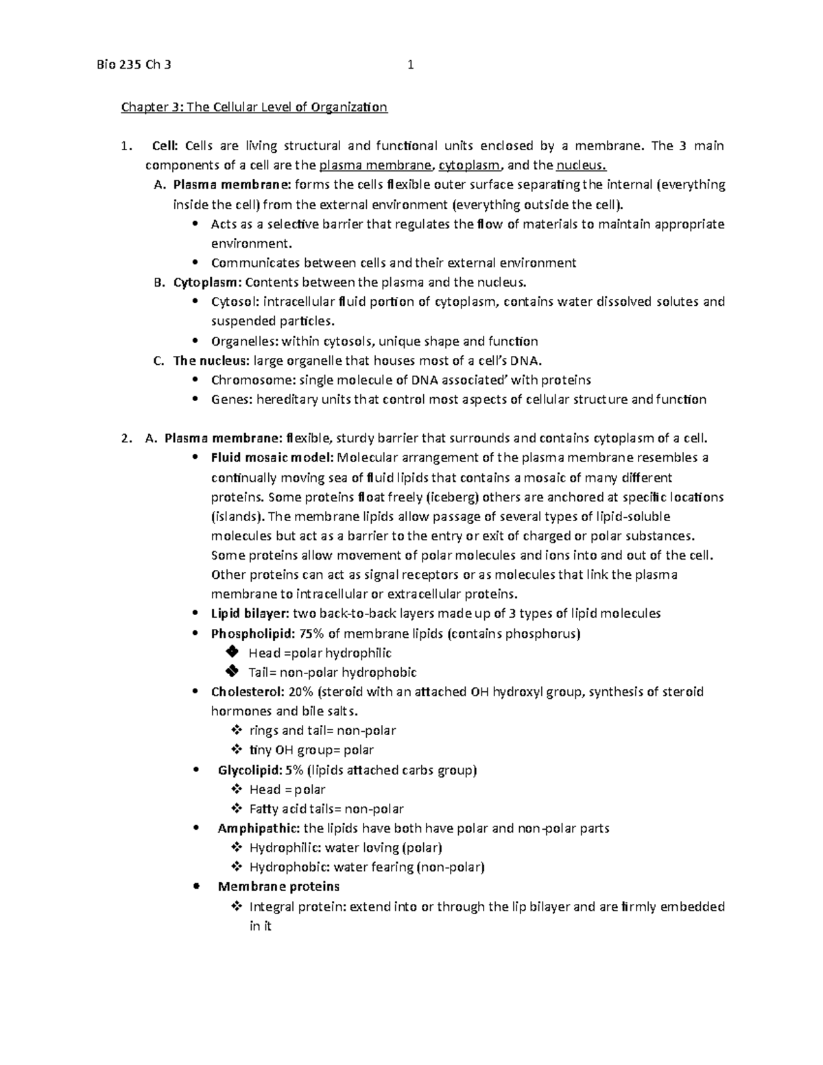 Chapter 3 notes - Chapter 3: The Cellular Level of Organization Cell ...