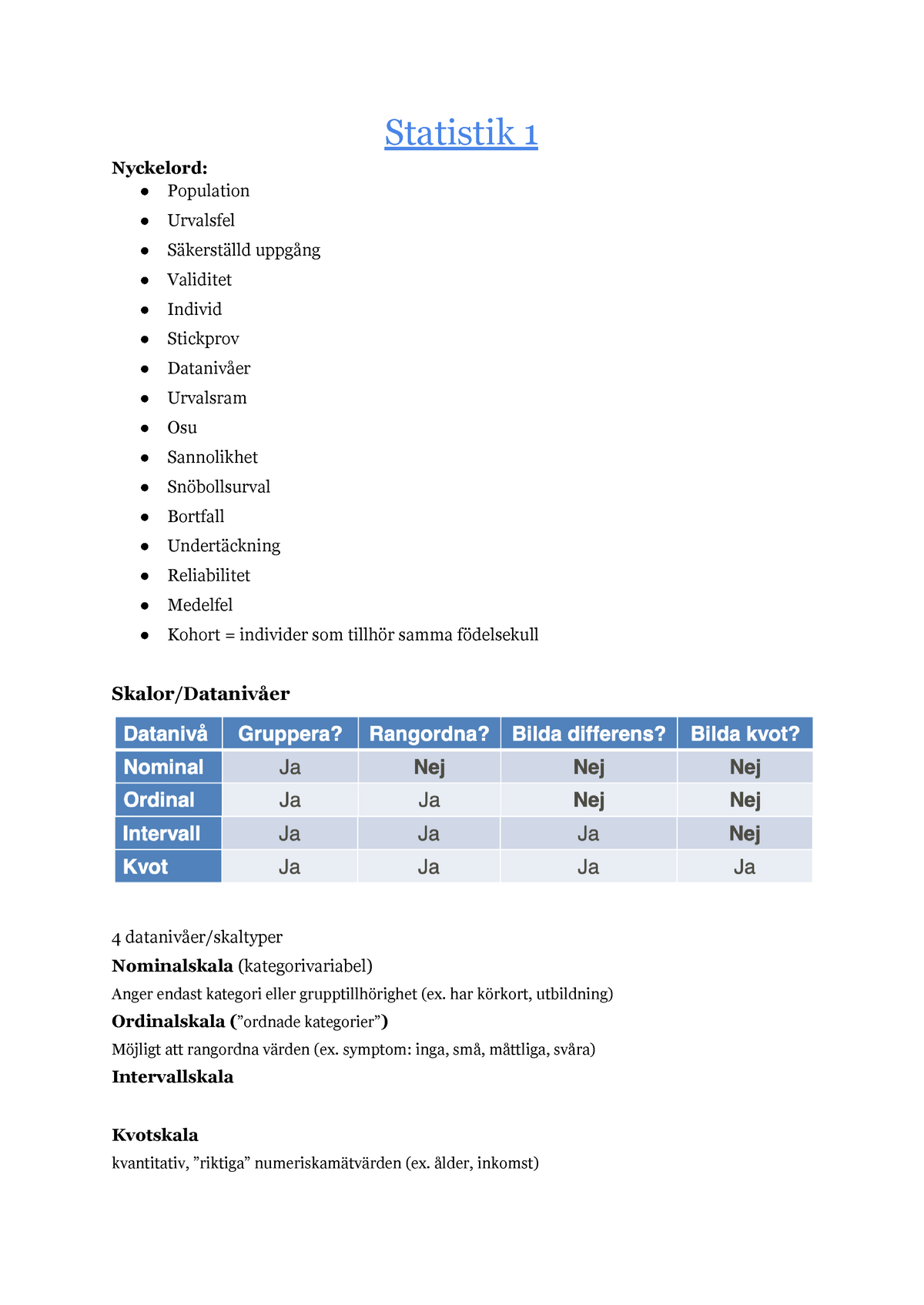 Statistik 1 Anteckningar - STAA31 - Blandade Anteckningar - Statistik 1 ...