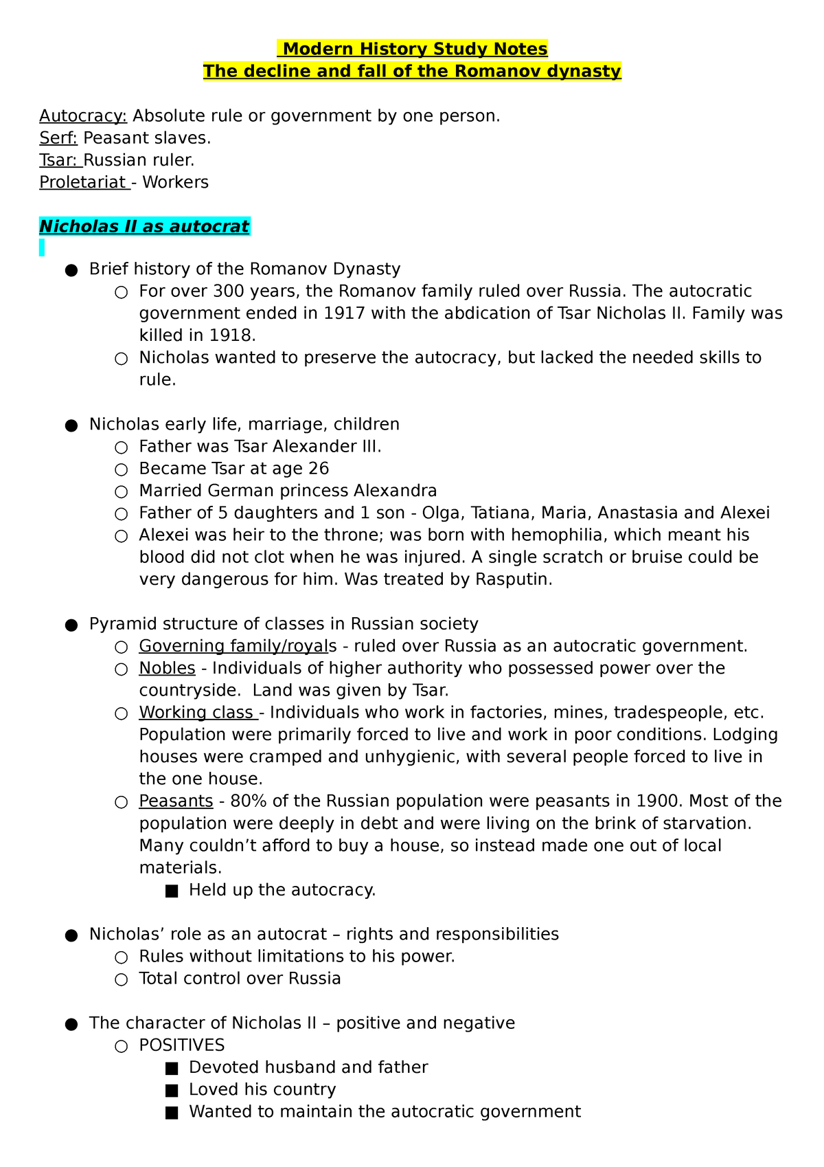 Decline And Fall Romanovs Modern History Study Notes The Decline And Fall Of The Romanov