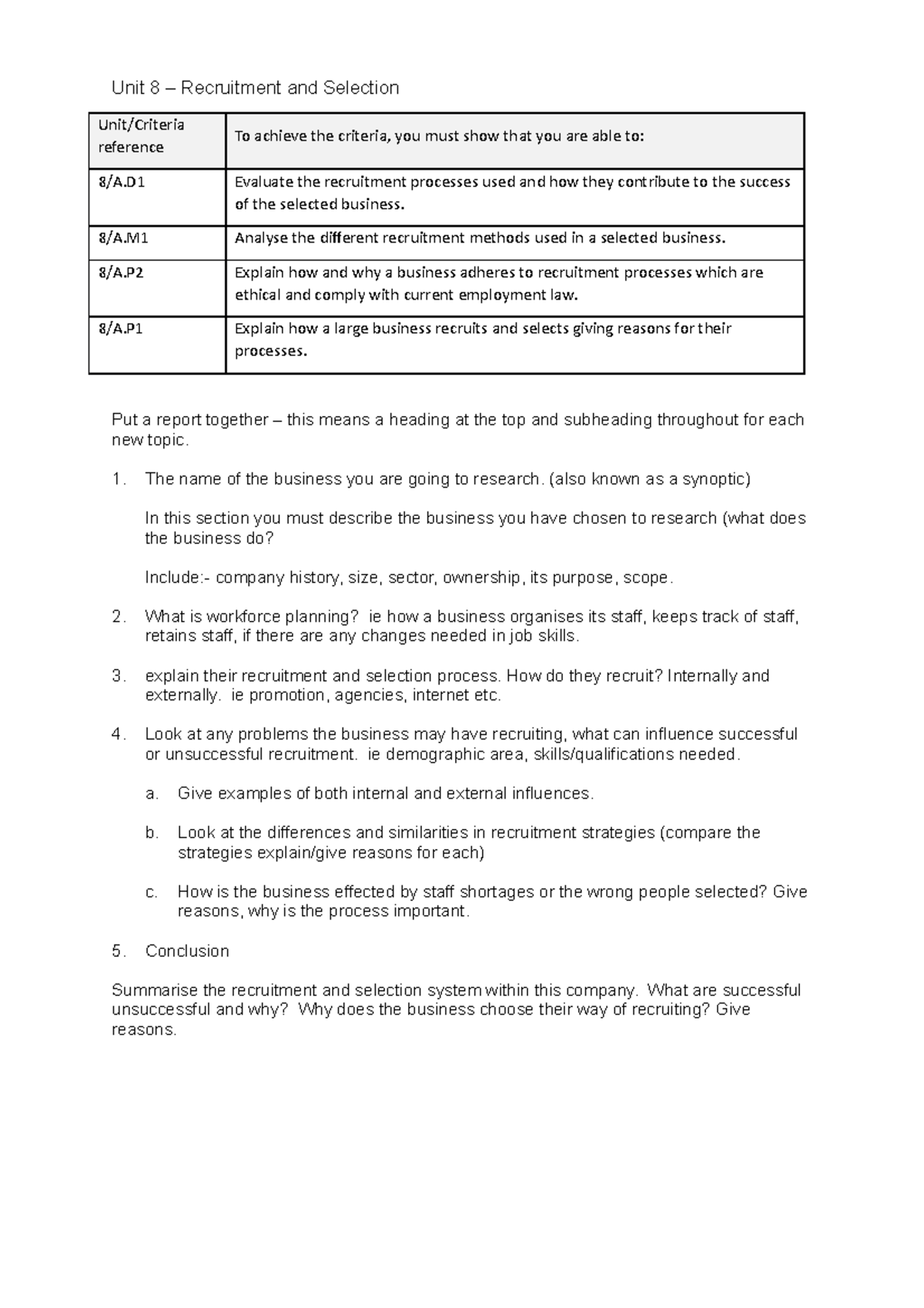 Assignment 1 breakdown - Unit 8 – Recruitment and Selection Unit ...