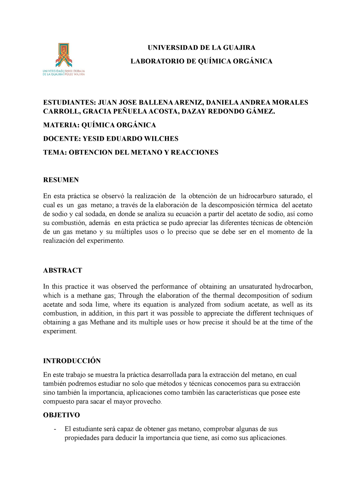 Informe De Quimica Orgánica OBTENCION DEL METANO Y REACCIONES ...