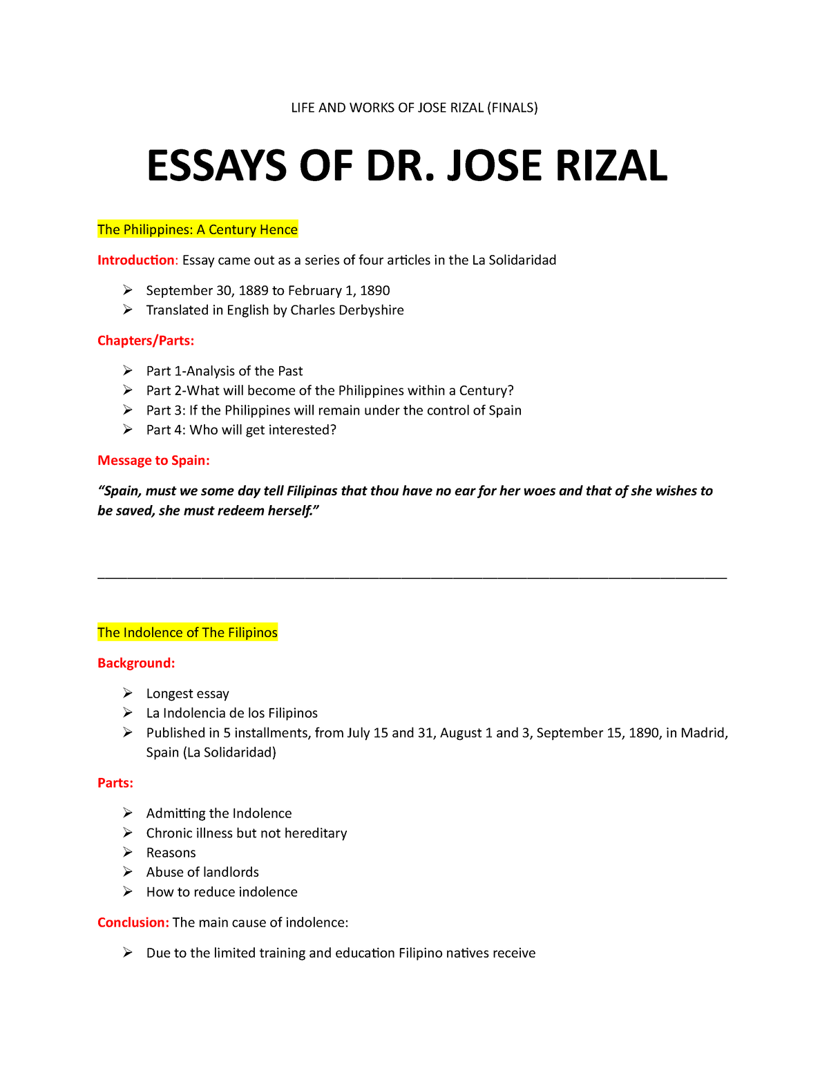 LIFE AND Works OF JOSE Rizal Notes Finals - LIFE AND WORKS OF JOSE ...