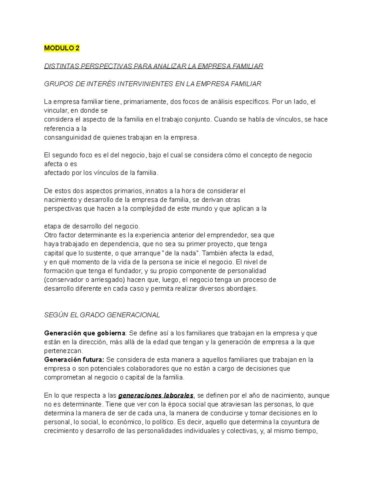 Resumen modulo 2 Empresas familiares - MODULO 2 DISTINTAS PERSPECTIVAS ...