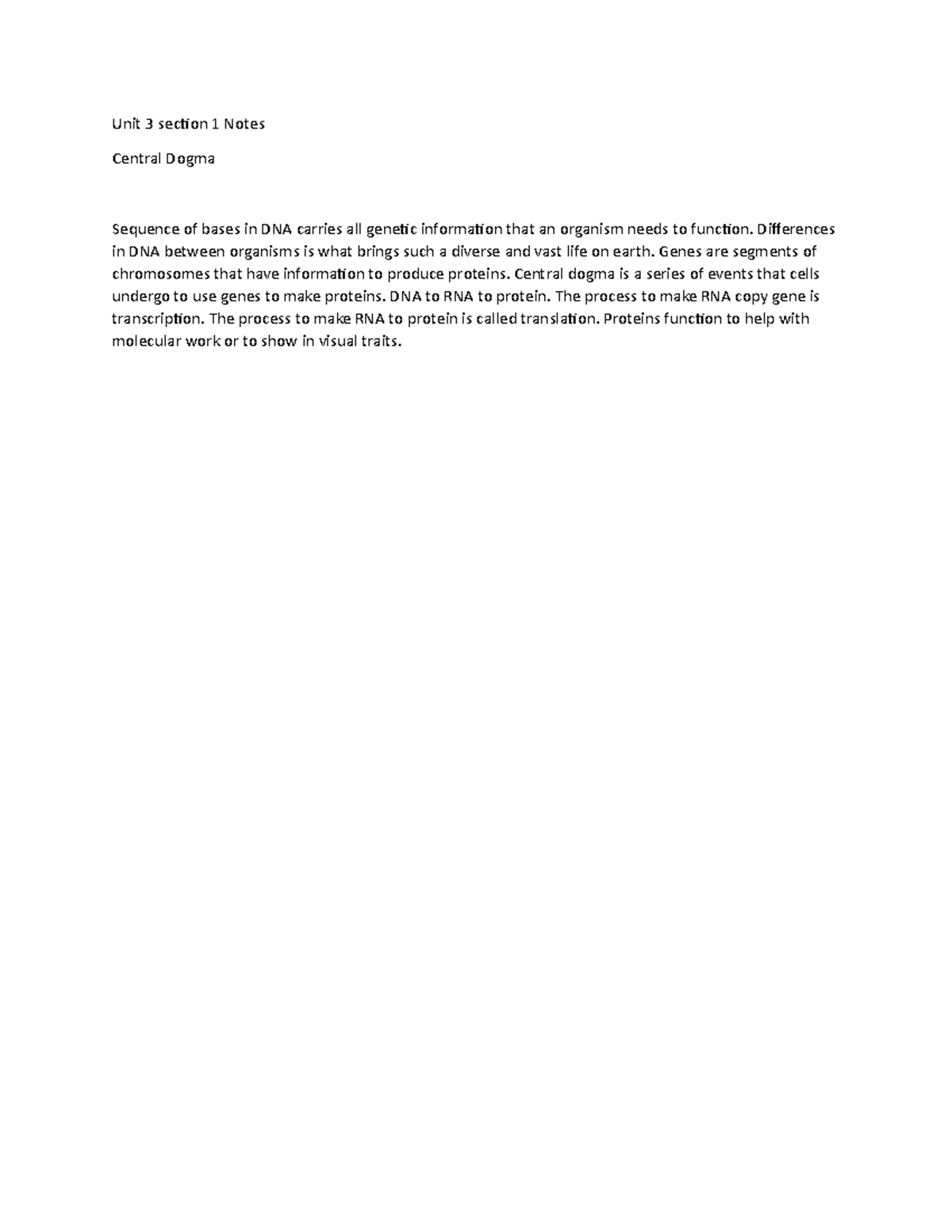 Unit 3 section 1 Notes - Unit 3 section 1 Notes Central Dogma Sequence ...