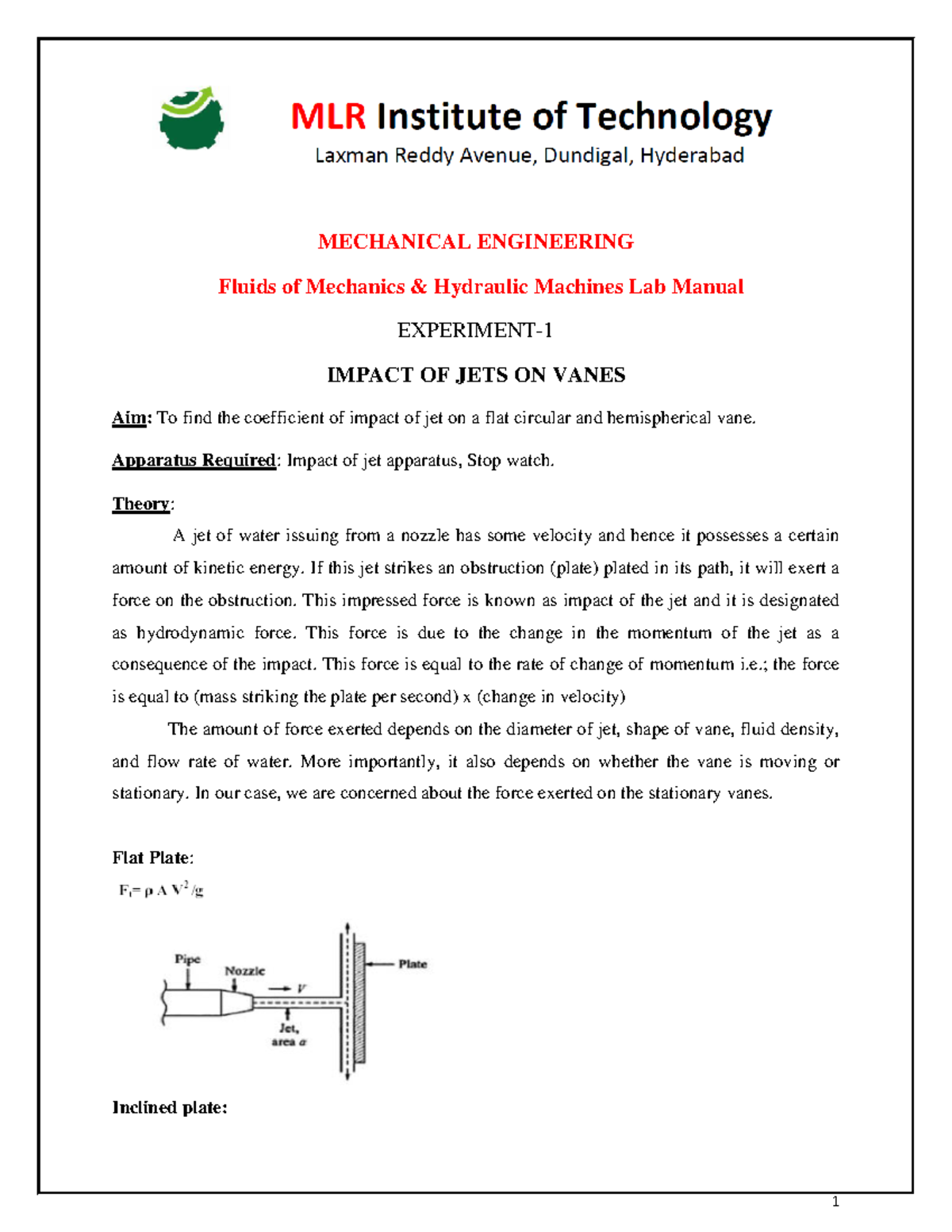 Fluids of Mechanics & Hydraulic Machines Lab Manual ( PDFDrive