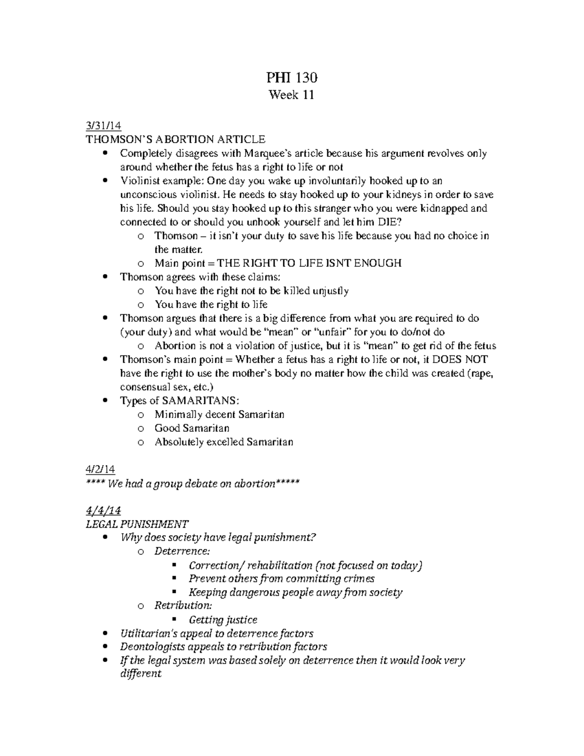 PHI 130 Week 11 - Lecture notes 11 - PHI 130 Week 11 ABORTION ARTICLE ...