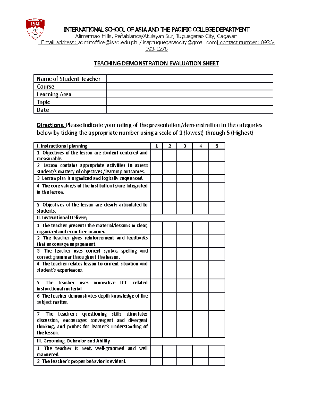 Teaching- Demonstration- Evaluation- Sheet - INTERNATIONAL SCHOOL OF ...