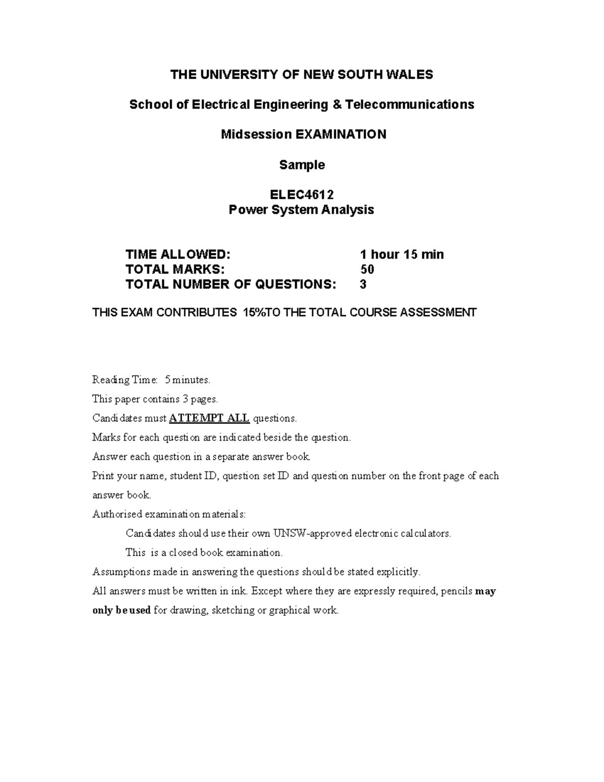 Sample Mid-term Exam - THE UNIVERSITY OF NEW SOUTH WALES School Of ...