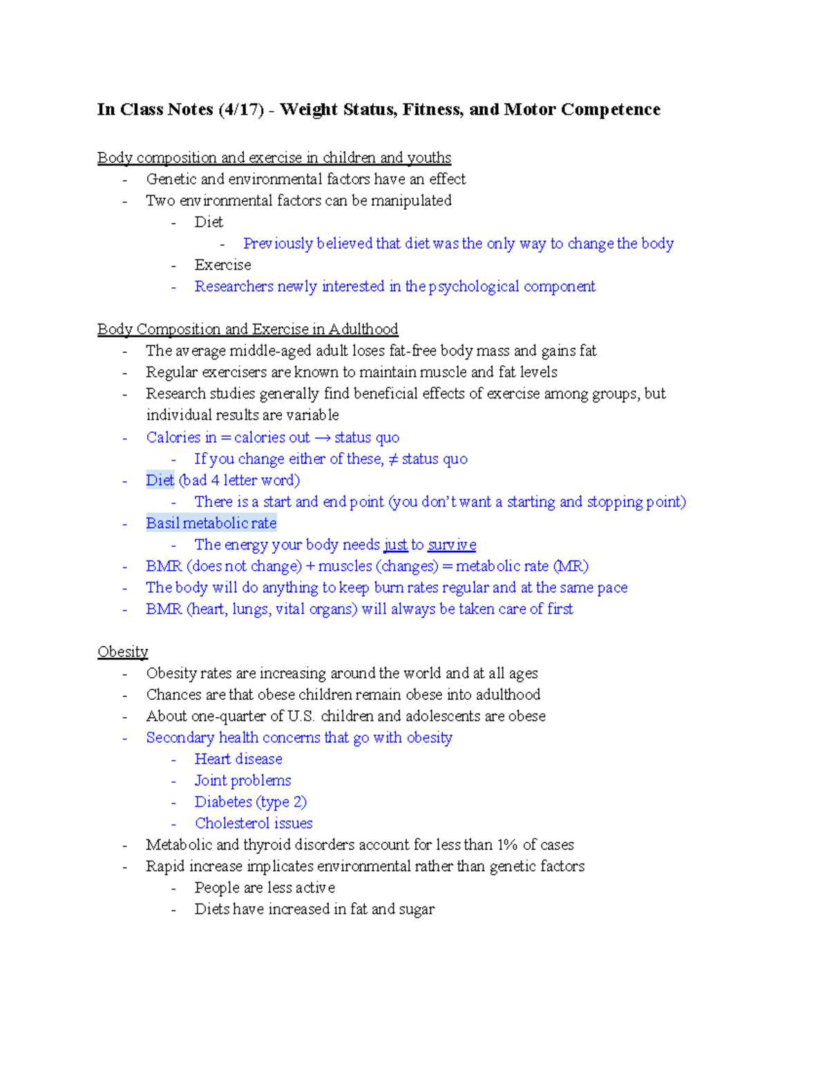 EXSC 235 - Ch. 12 In Class Notes - In Class Notes (4/17) - Weight ...